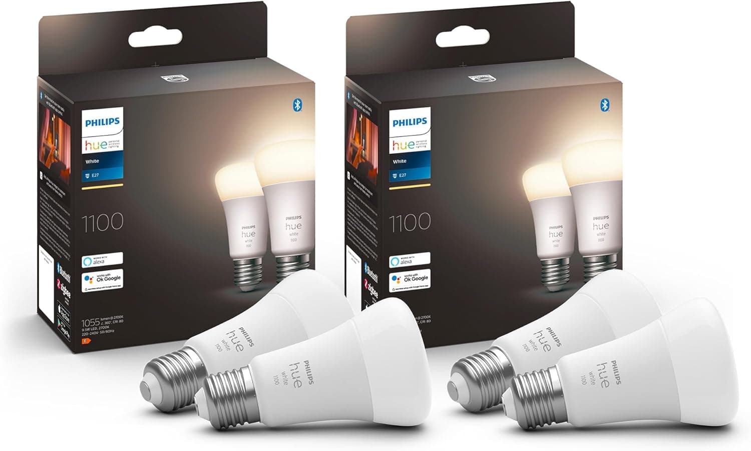 Philips Hue White E27 lâmpada pacote de 4 4 x 1055lm, regulável, luz branca quente, controlável por aplicação, compatível com Amazon Alexa (Echo, Echo Dot)