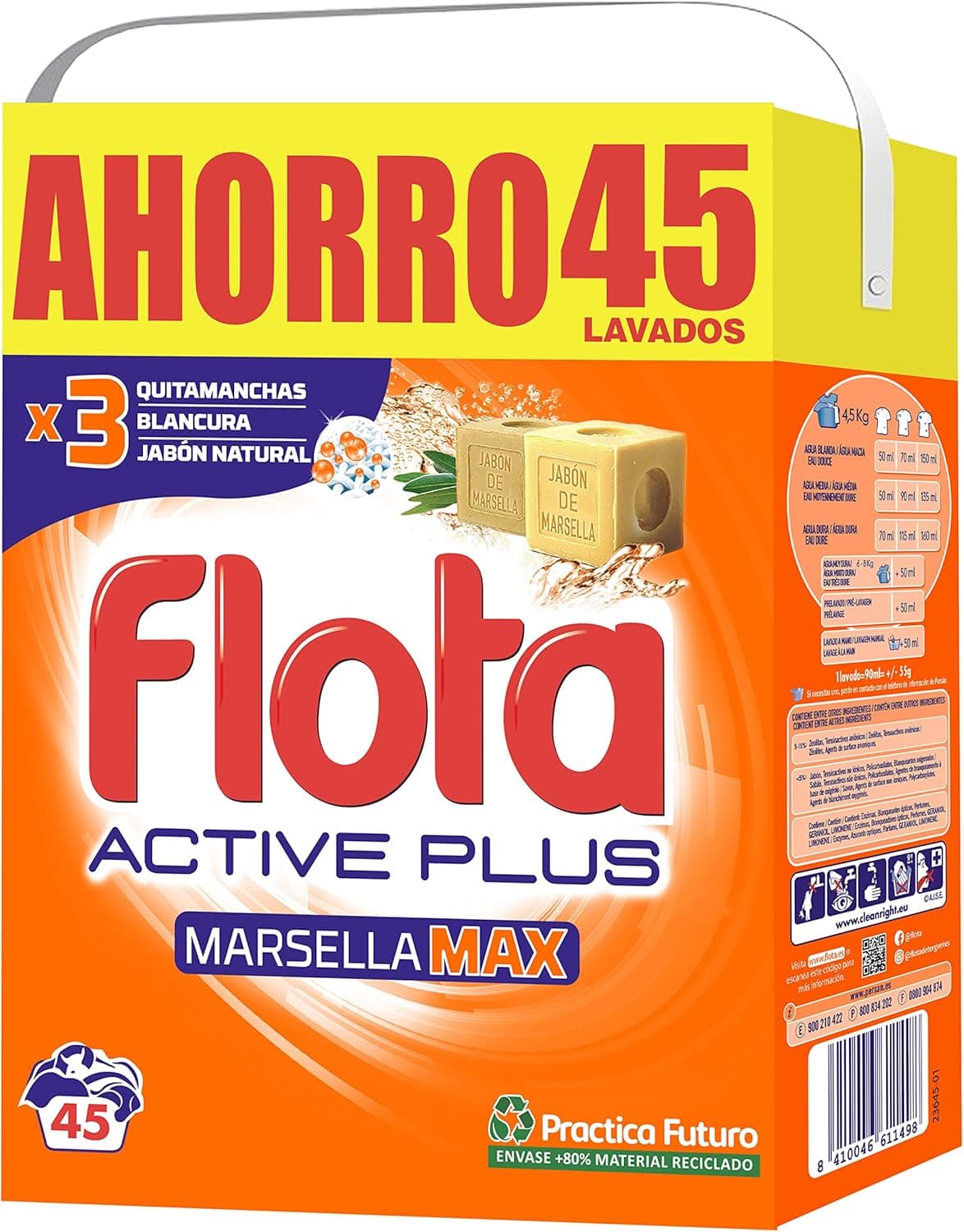 FLOTA Marselha Max | Detergente para máquina de lavar em pó, roupa branca e colorida, antimanchas e antiodores, 45 lavagens