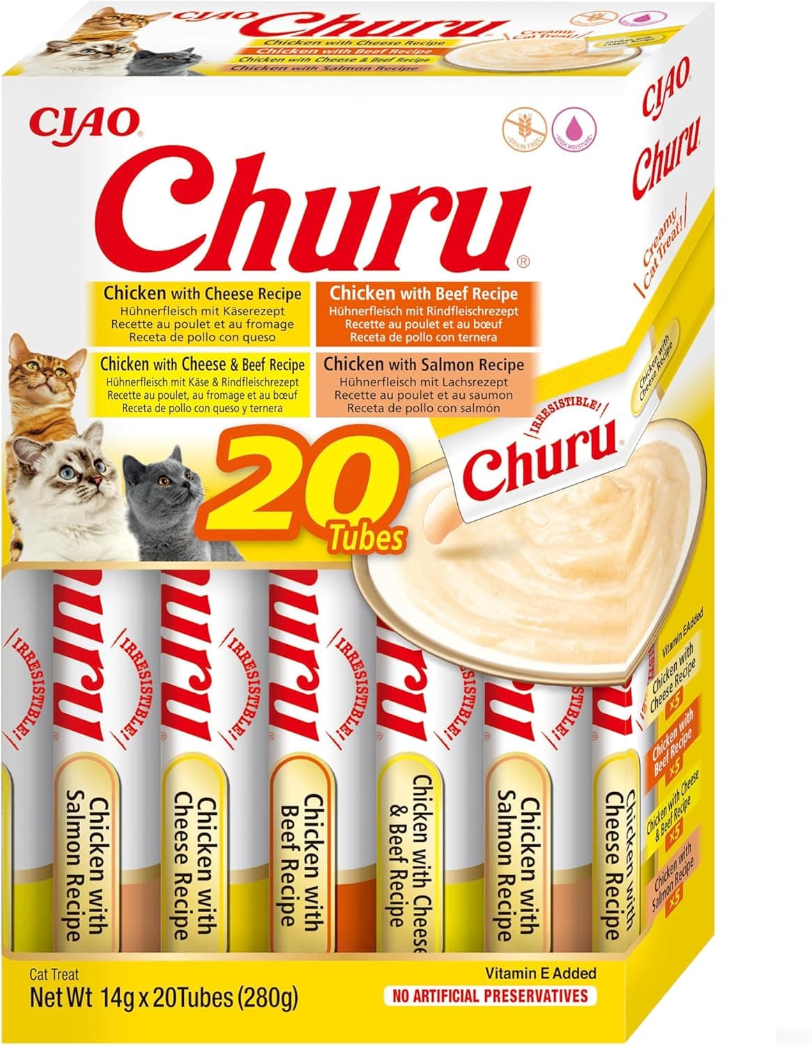 INABA Churu - puré de gato com 4 sabores de carne e frango - deliciosos snacks para gato - textura suave e cremosa - comida para gato, 20 tubos x 14 g