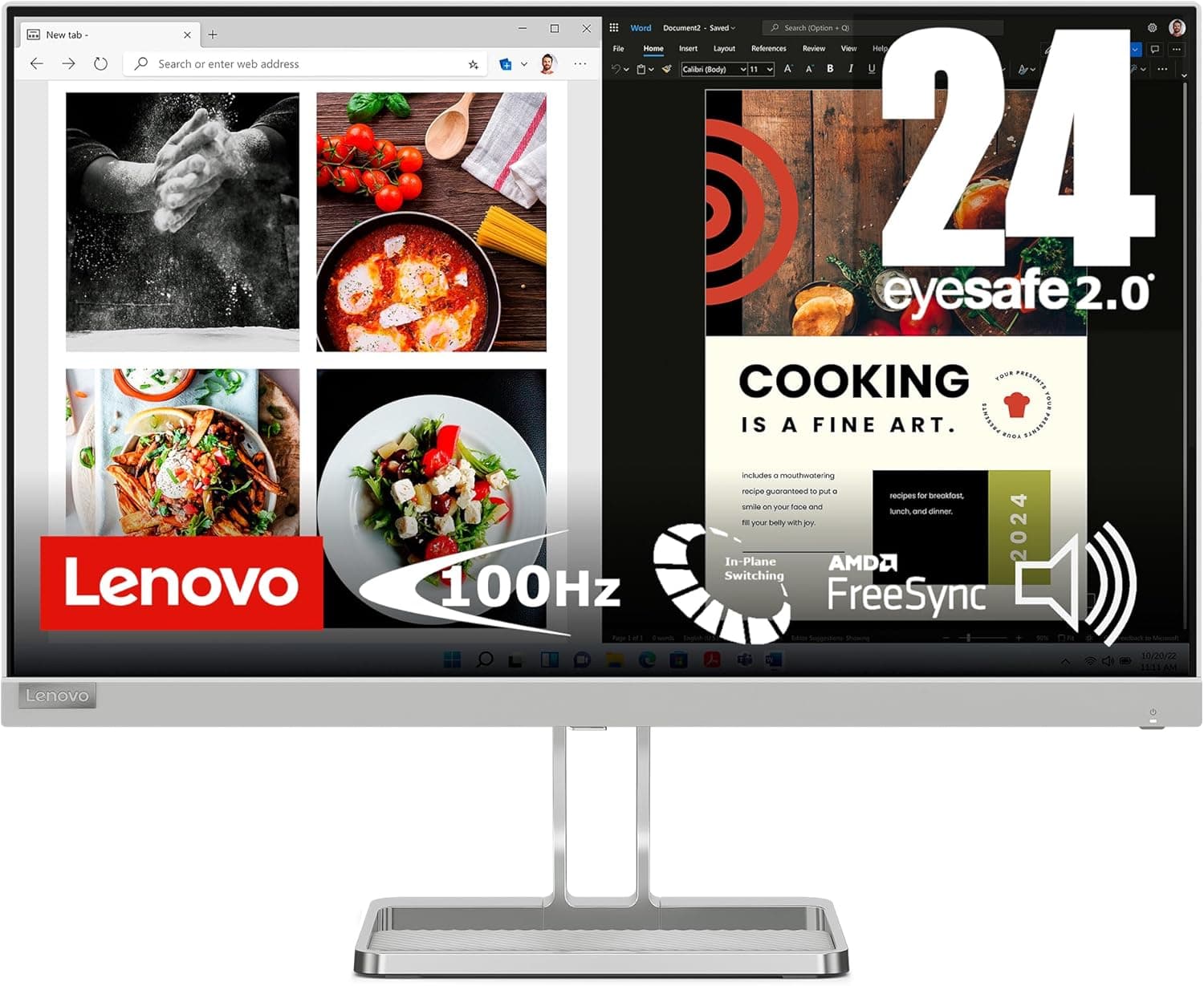 Lenovo L24i-40 Monitor FHD de 23,8" (IPS, 1920 x 1080 px, 100Hz, Tempo de resposta 4 ms, 16:9, HDMI, VGA, montagem VESA de 100 mm, suporte de inclinação)
