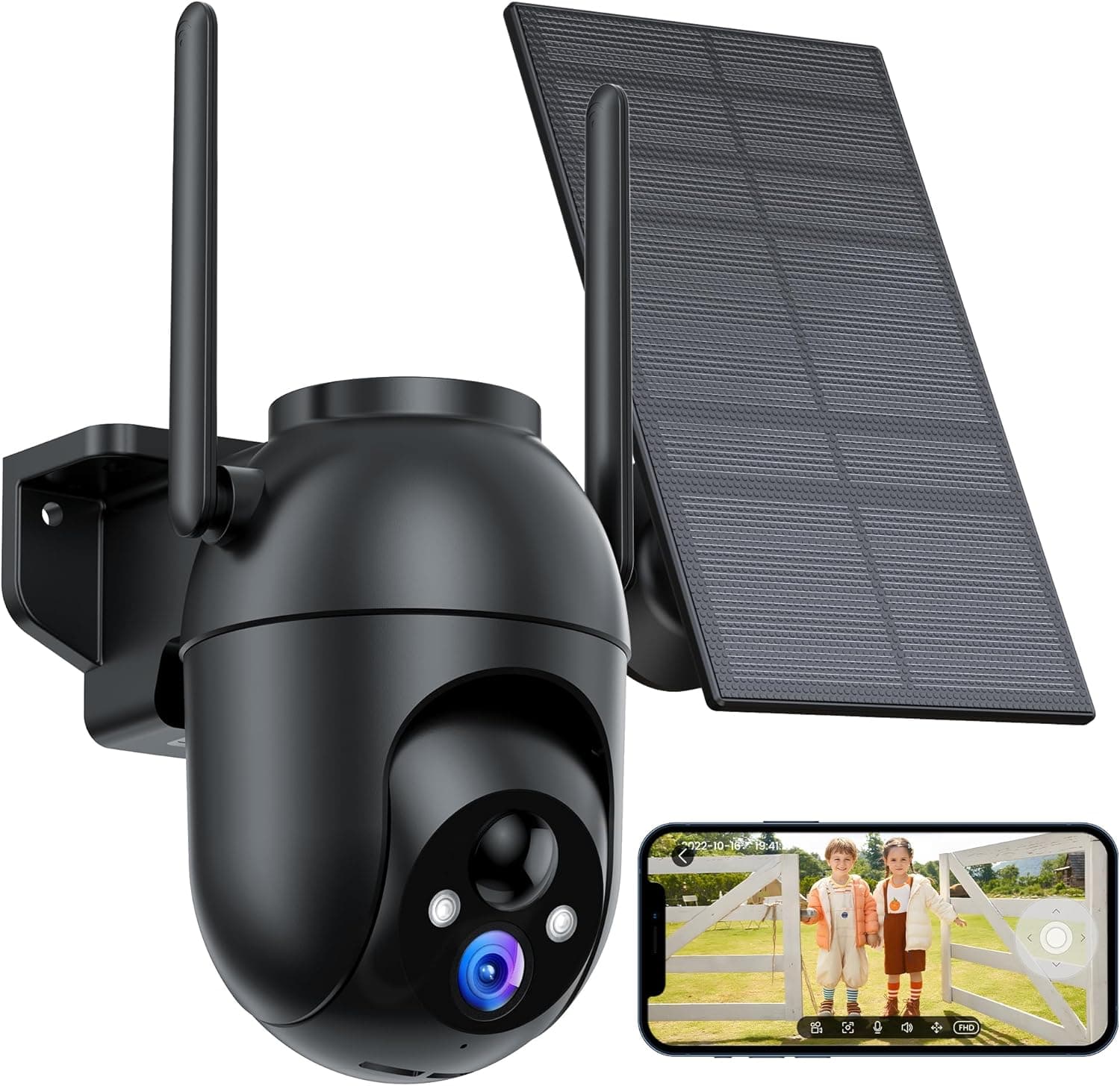 SIIOOE | Câmara de vigilância WiFi exterior com painel solar, 2K, deteção humana, visão noturna a cores, rotação 360°, IP66