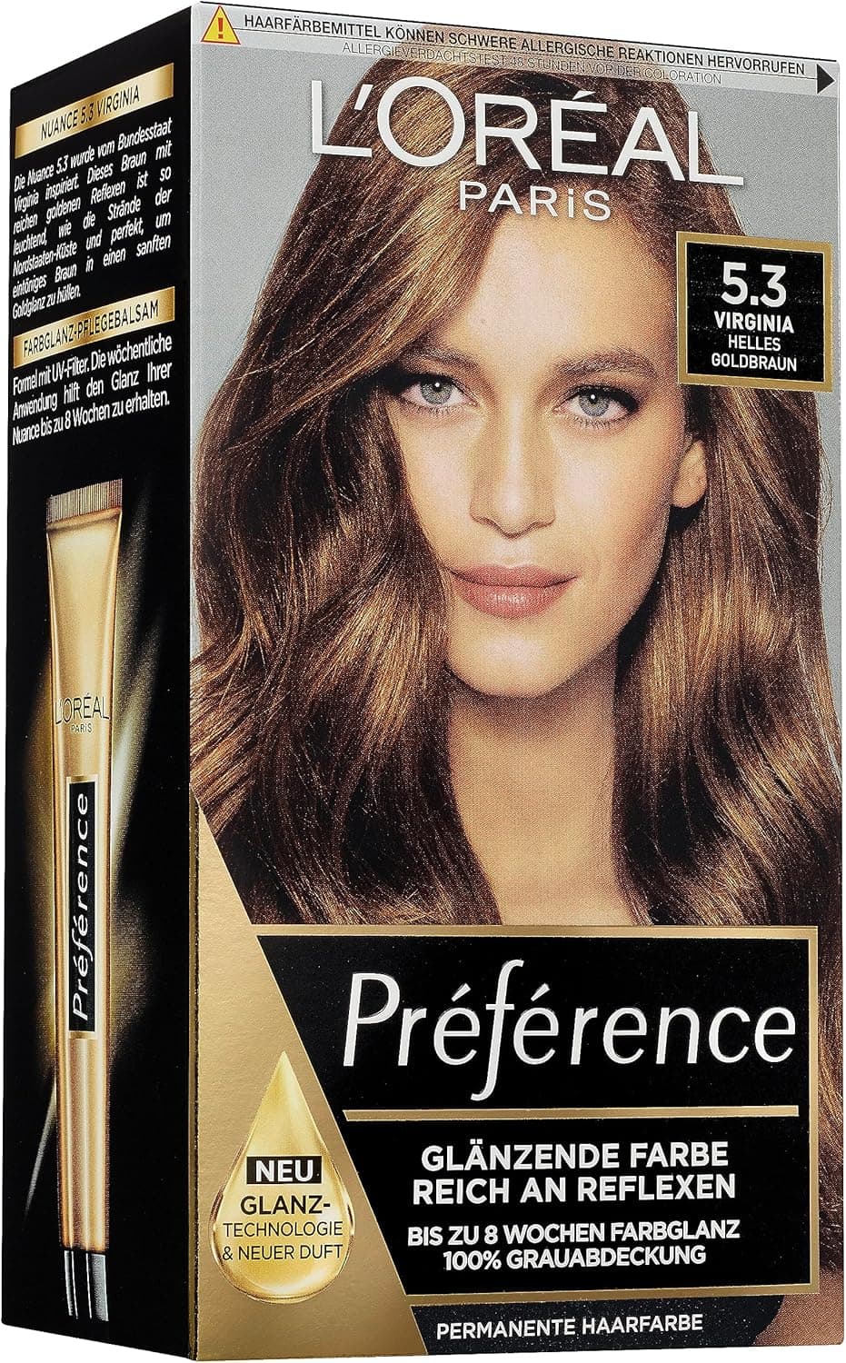 L'Oréal Paris Préférence 5.3 - Tinta permanente para o cabelo com coloração e bálsamo para o cuidado do cabelo, cor castanho claro (Virgínia)
