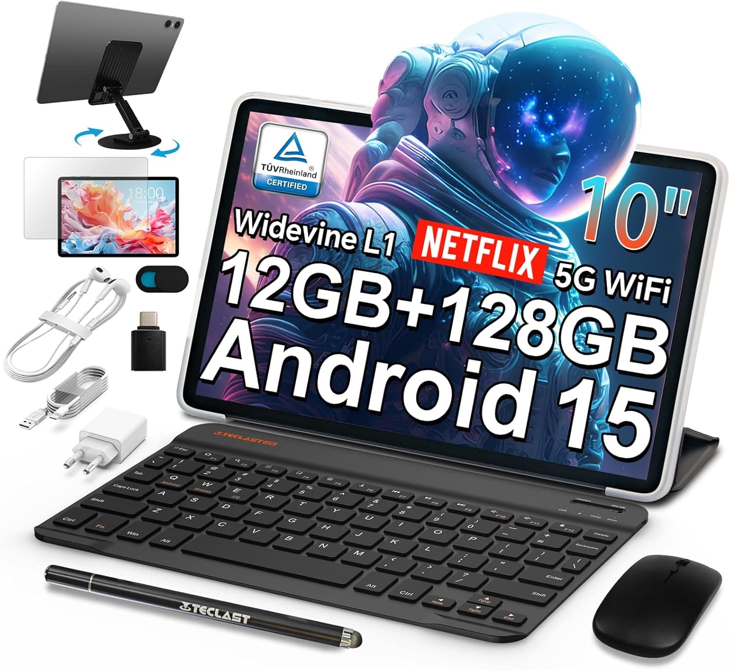 TECLAST P30T Android-15-Tablet de 10,1 polegadas, 12 GB RAM+128 GB ROM (TF 4TB), 2 Ghz Octa-Core T606, Widevine L1/GPS/BT5/6000 mAh, tablet com teclado + lápis + capa + 3,5 mm Alto Auriculares, Tablet