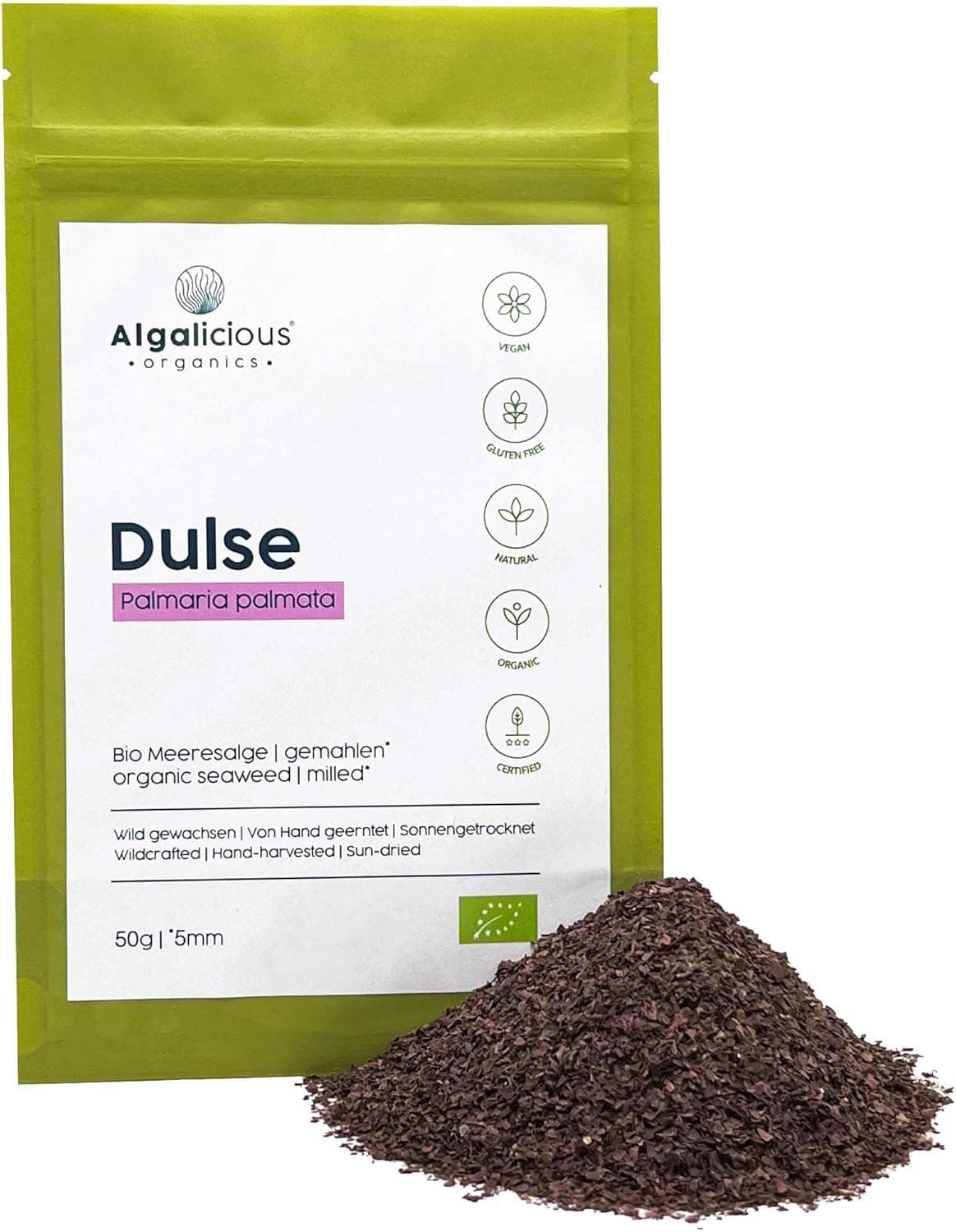 ALGALICIOUS Flocos de Dulse ecológicos, 50 g, Palmaria Palmata, do Atlântico, Alga Vermelha Premium da Irlanda, rica em minerais e proteínas, sem aditivos, 2 mm