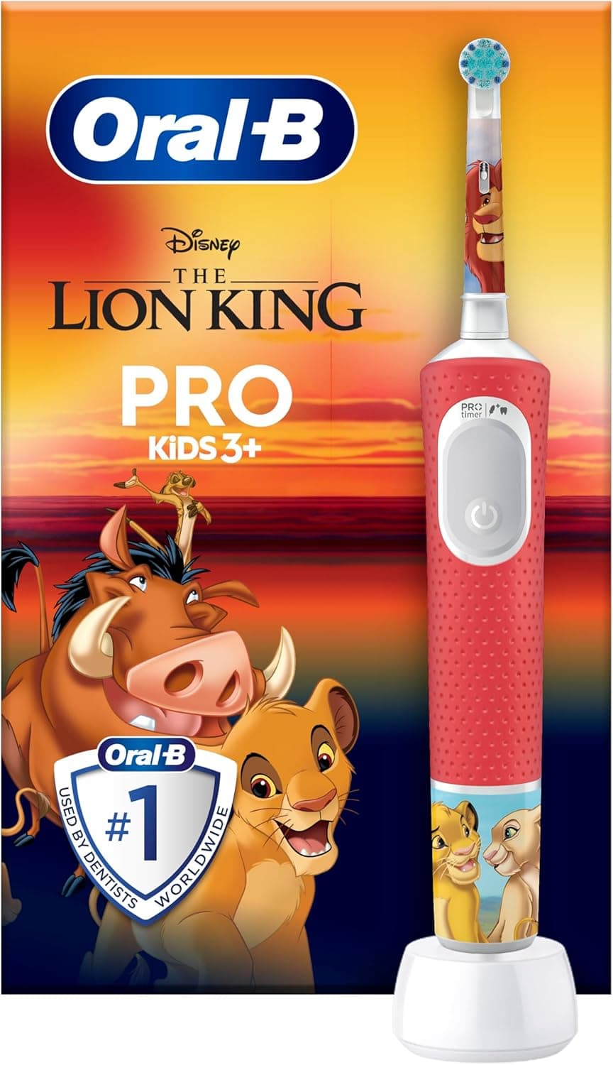 Oral-B Pro Kids Escova de dentes elétrica, 1 pega do rei leão, 1 cabeça, desenhada por Braun, adequada para crianças com mais de 3 anos