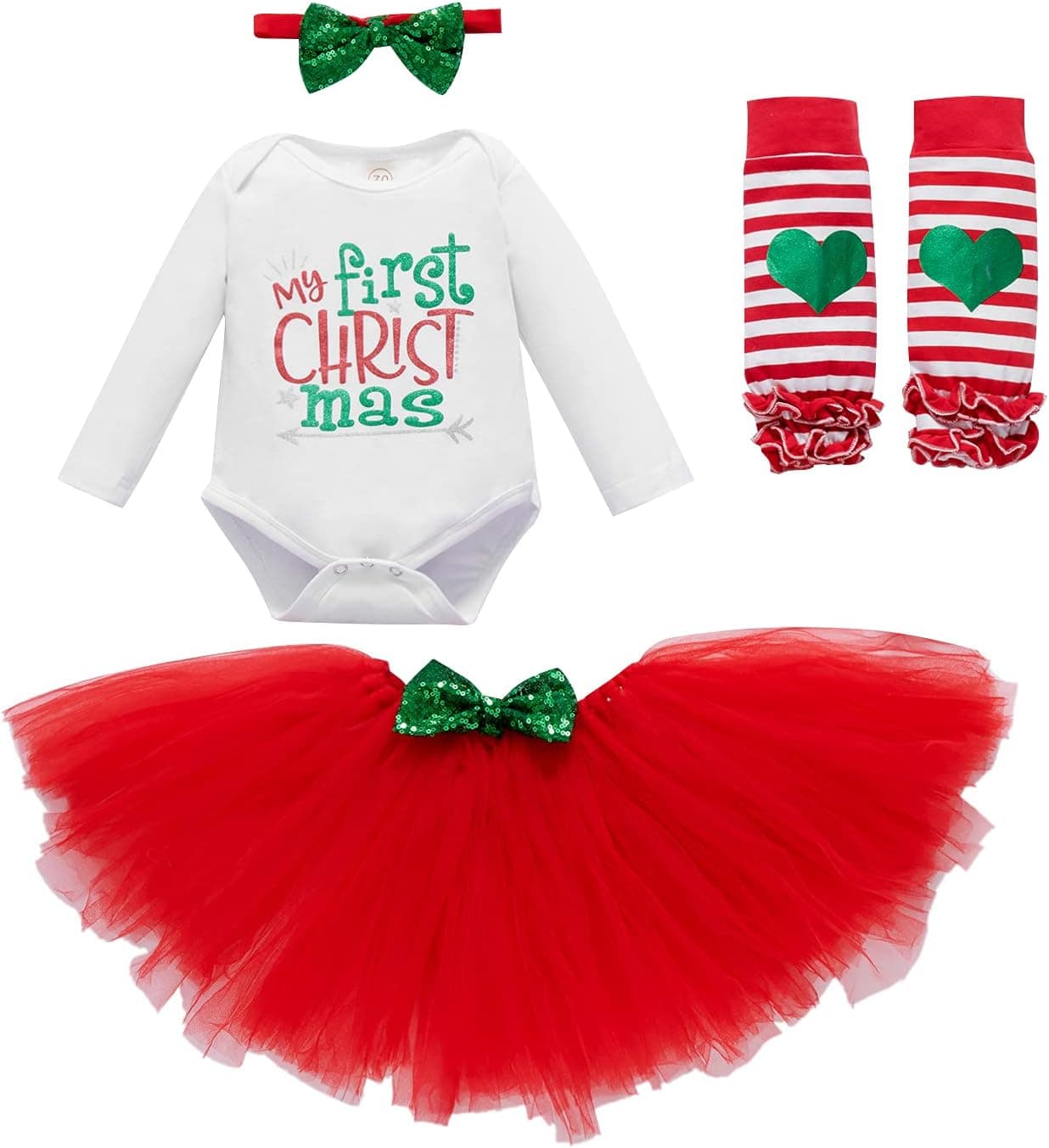Siyova Conjunto natalício bebé menina de 4 peças macacão de manga comprida saia tule diadema pernas aquecedores meu primeiro natal roupa de Natal para recém-nascido (vermelho, 3-6 meses), vermelho