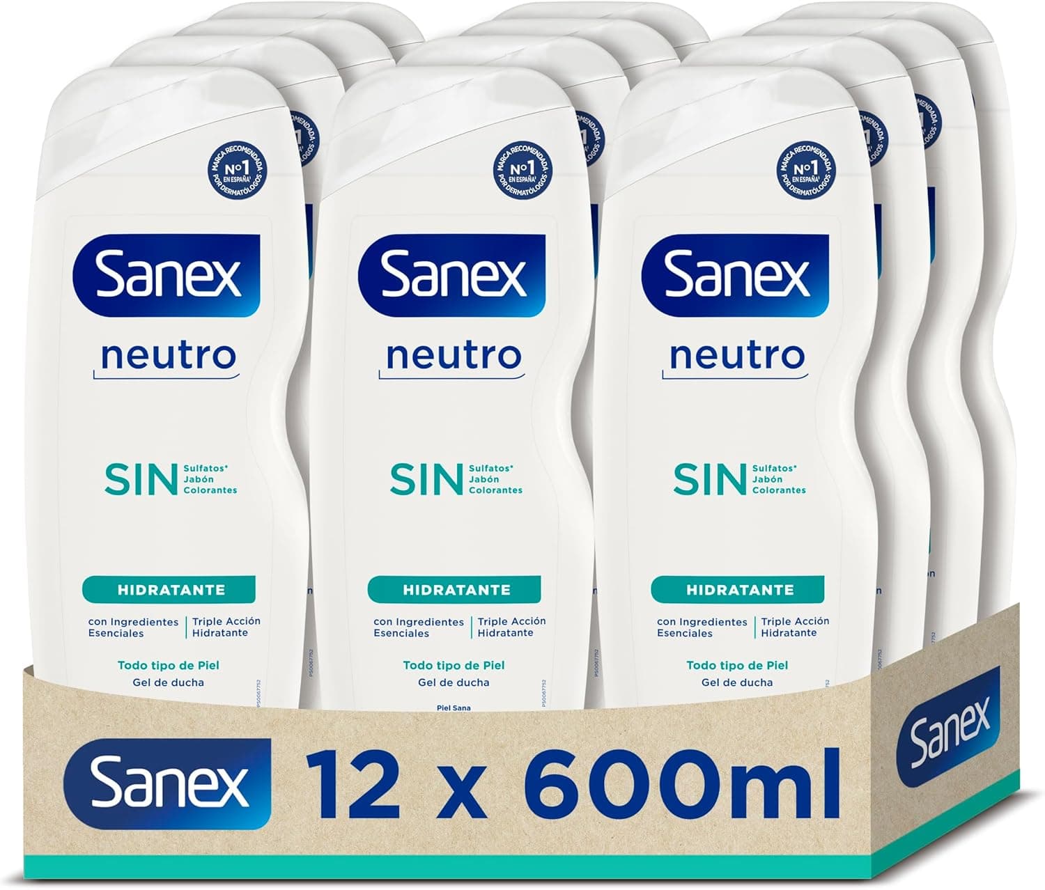 Sanex Gel de duche neutro hidratante 600 ml, pack de 12, com ingredientes essenciais, 0% sulfatos, 0% sabão e 0% corantes, para todos os tipos de pele, hidratação duradoura, tecnologia tripla ação