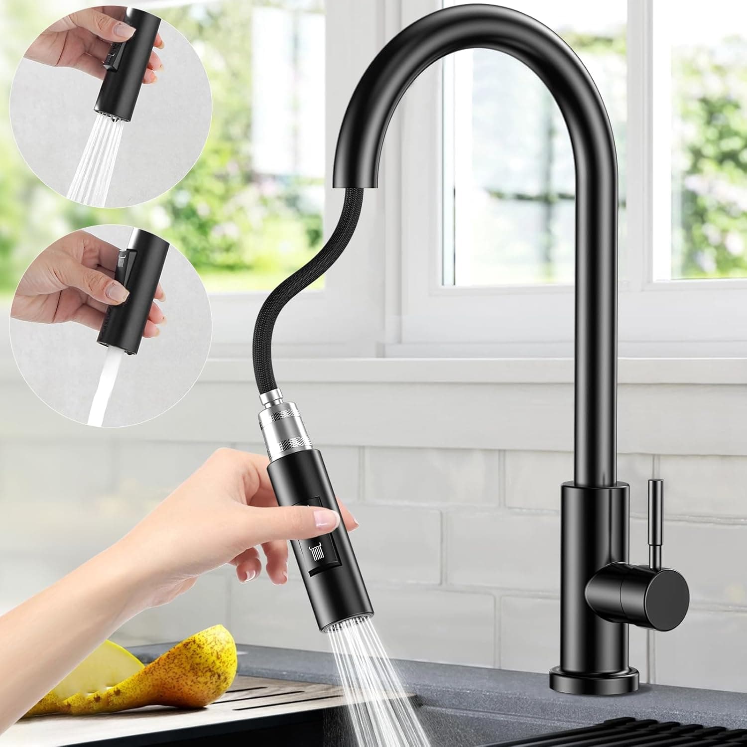 Torneira de cozinha removível, torneiras de cozinha lava-louças com 2 modos de fluxo de água, torneiras de cozinha 360° giratórias, torneiras de cozinha em aço inoxidável - preto mate