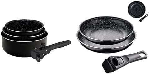 Set Bundle Bergner: 3 caixas de alumínio prensado Ø 16 18 + 20 cm e 2 frigideiras Ø 24 28 cm | Cabo ergonómico removível Click & Cook | Adequado para indução | Edição preta utensílios de cozinha