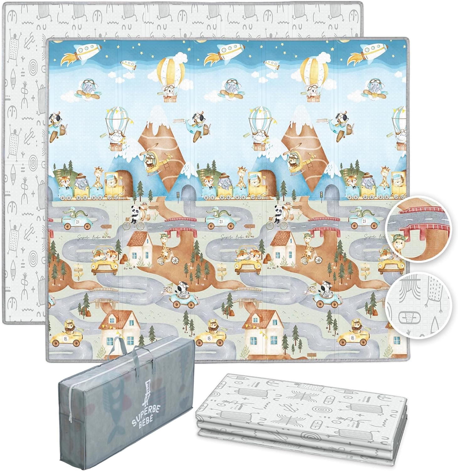 SUPERBE BEBE Pteroglyfo | Tapete de atividades acolchoado e impermeável reversível para bebés 150x180 cm
