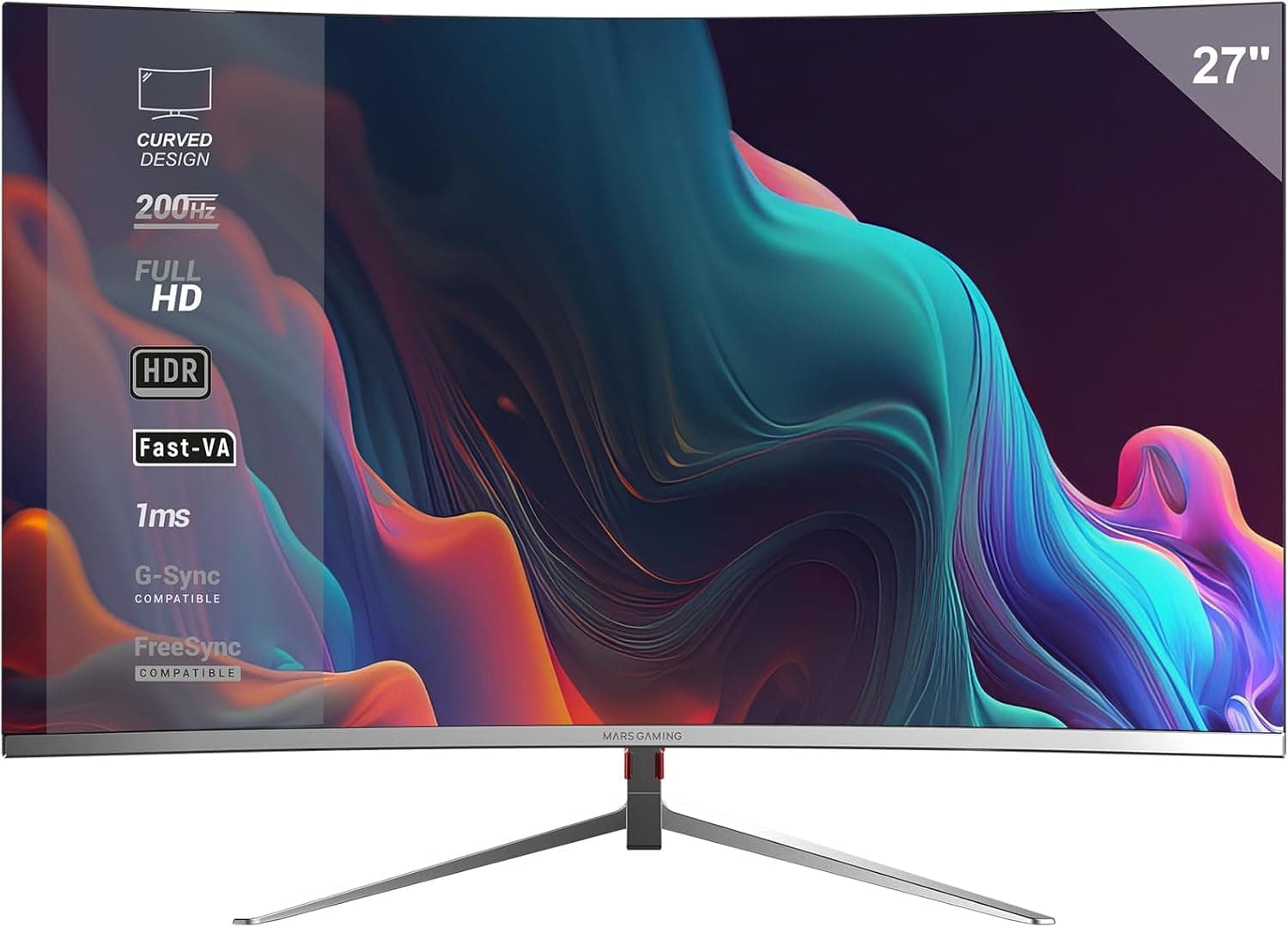 Mars Gaming MV-27C, Monitor de jogos curvo FHD de 27", 1080p 200Hz, HDR10 1 ms, FreeSync e G-Sync, monitor PC sem moldura, inclinação de 20°, luz baixa e Flicker Free, HDMI DisplayPort + Jack 3. 5 mm
