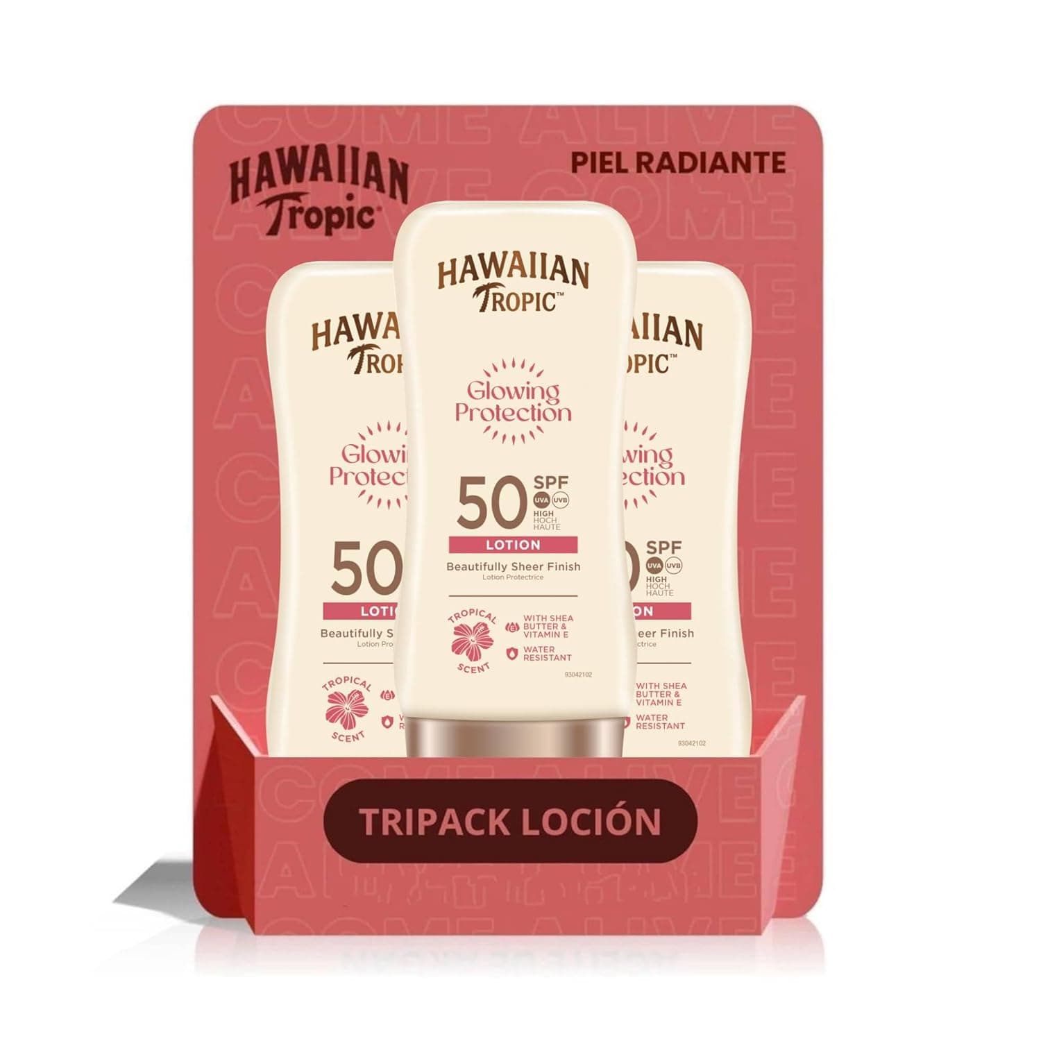 Loção Protetor Solar Hawaiian Tropic Glowing Protection Ultra Radiance FPS 50, Protege e Amacia a Pele, Fragrância de Frutos Tropicais, 180 ml x 3