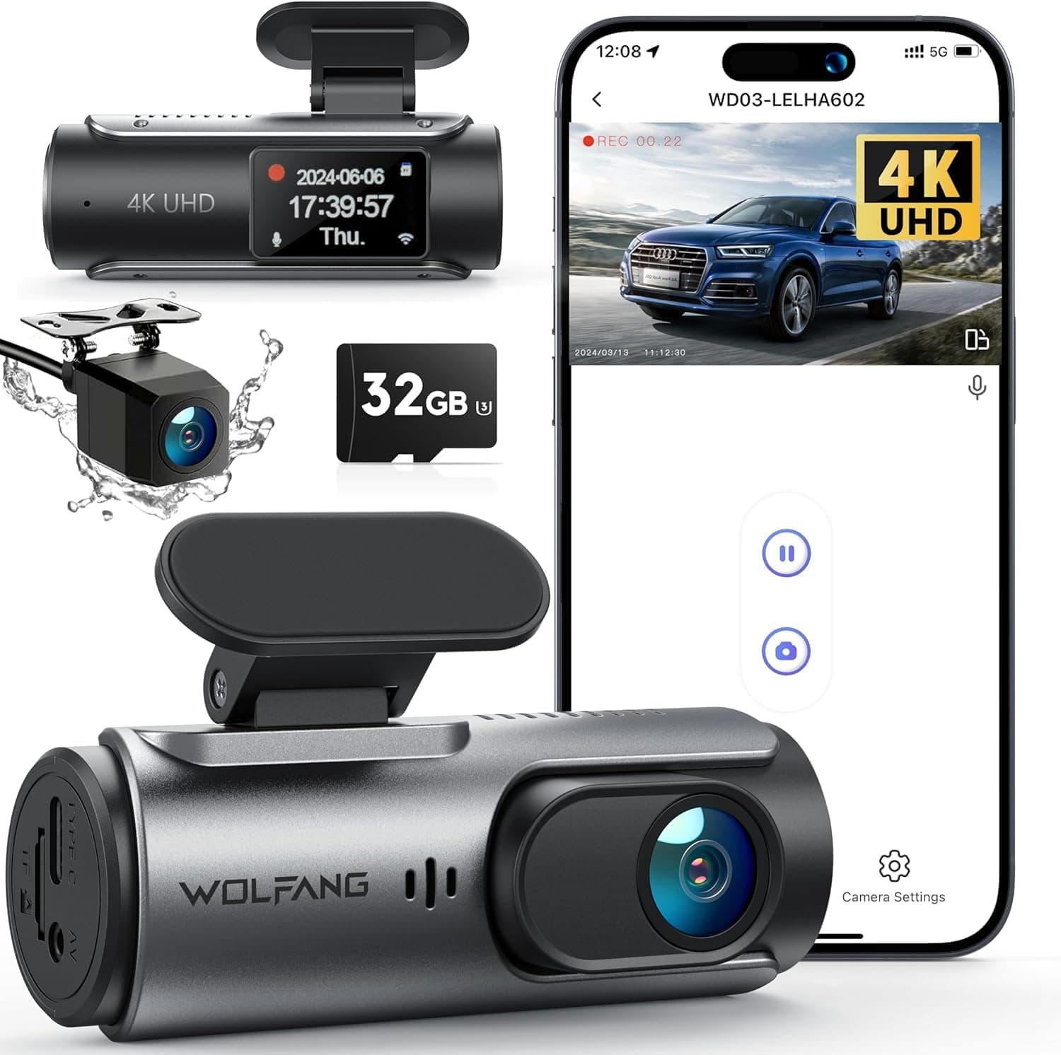 WOLFANG Dashcam 4K UHD | Câmara de carro frontal e traseira com grande angular 170º, monitorização 24 h, gravação em loop, sensor G e cartão SD 32GB