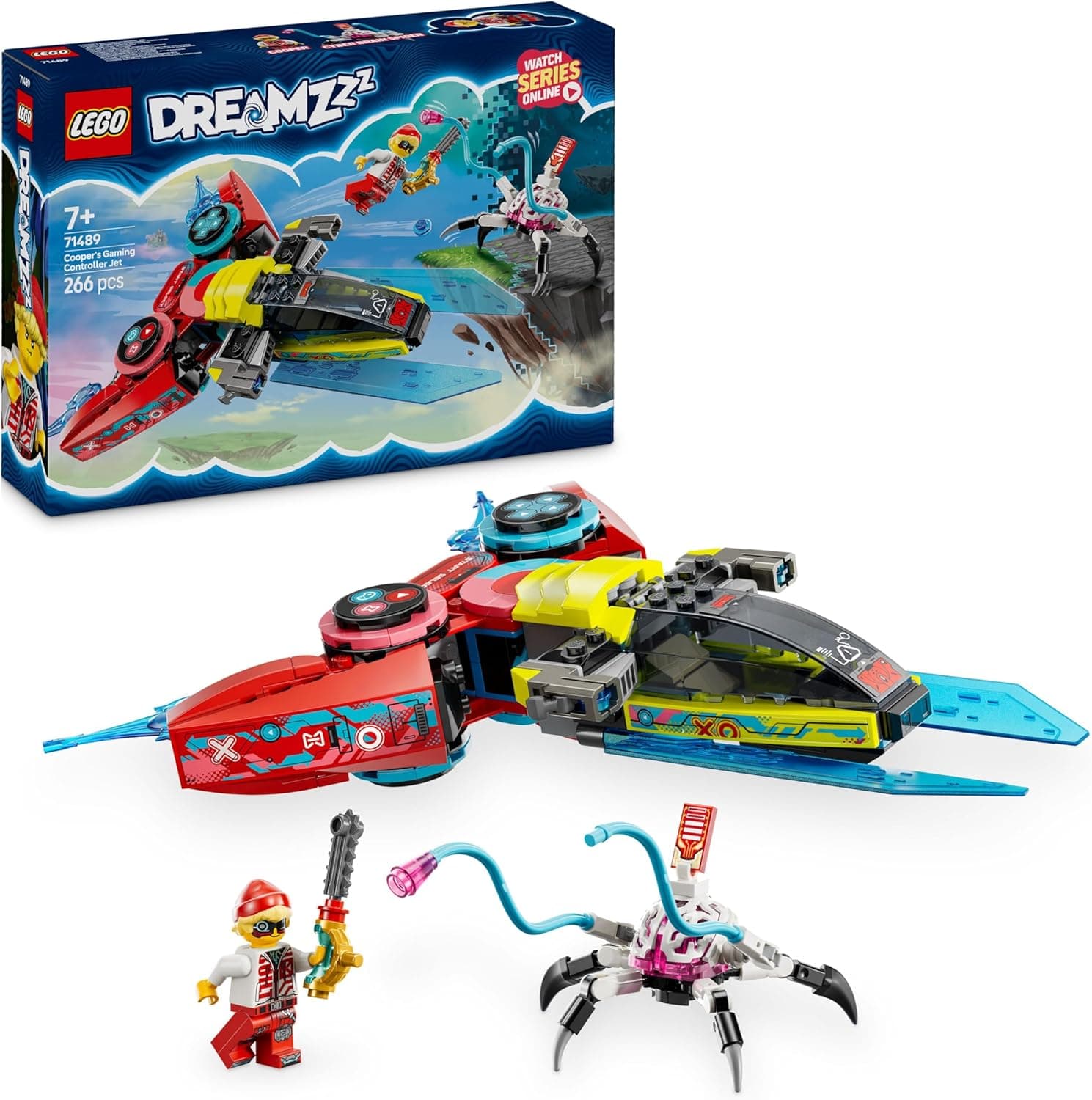 LEGO DREAMZzz Comando Jet de Cooper de brinquedo com minifigura e figura de aranha, presente de aniversário para meninos e meninas de 7 anos ou mais, brinquedos 2 em 1 com avião, helicóptero e
