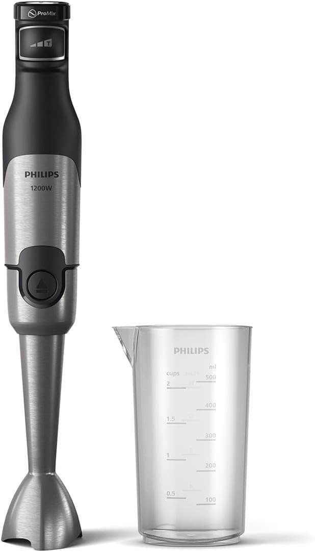 Liquidificadora de mão Philips Serie 5000-1, 200 W de potência. Tecnologia ProMix. Indicador LED de velocidade. Controlo sem esforço. Design compacto. Fácil de limpar. Preto (HR2681/00)