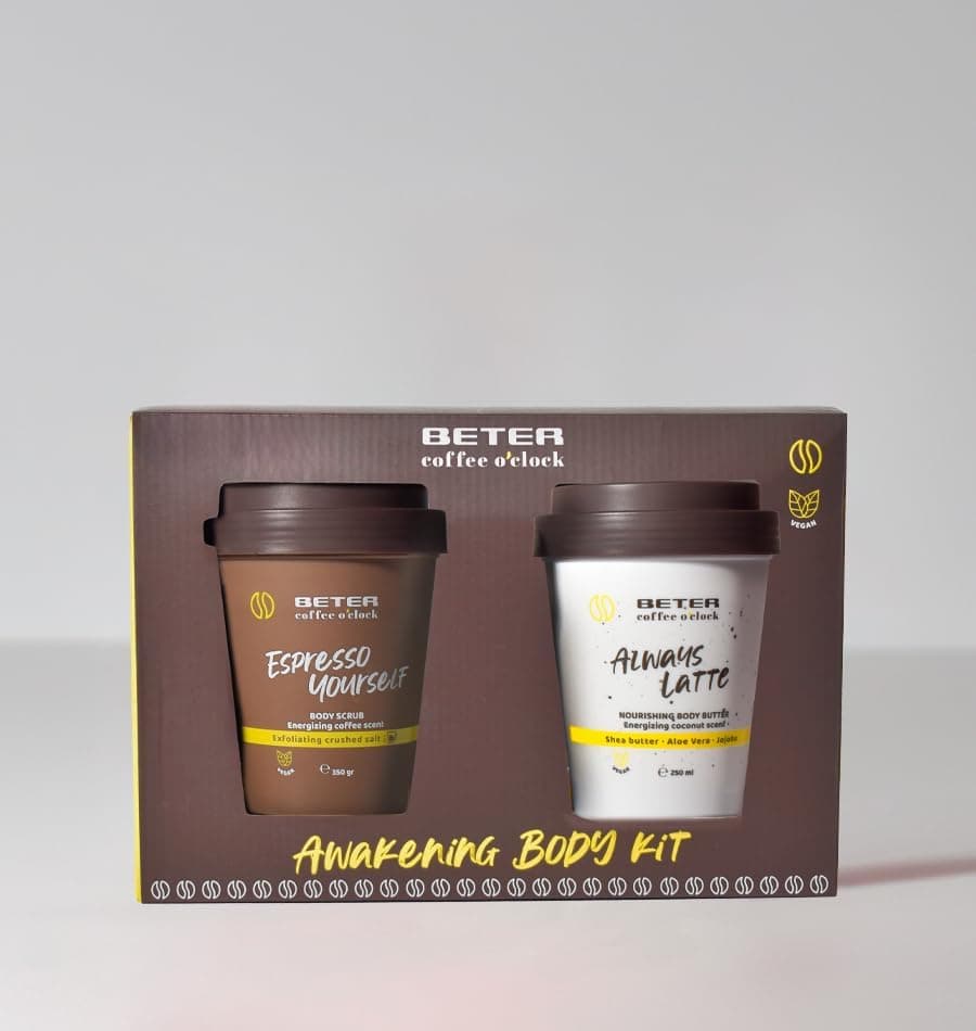 Beter - Conjunto de cuidados corporais Coffee O'clock, conjunto de duche de 2 peças com esfoliação corporal com aroma a café e manteiga corporal de coco, conjunto de banho para mulher