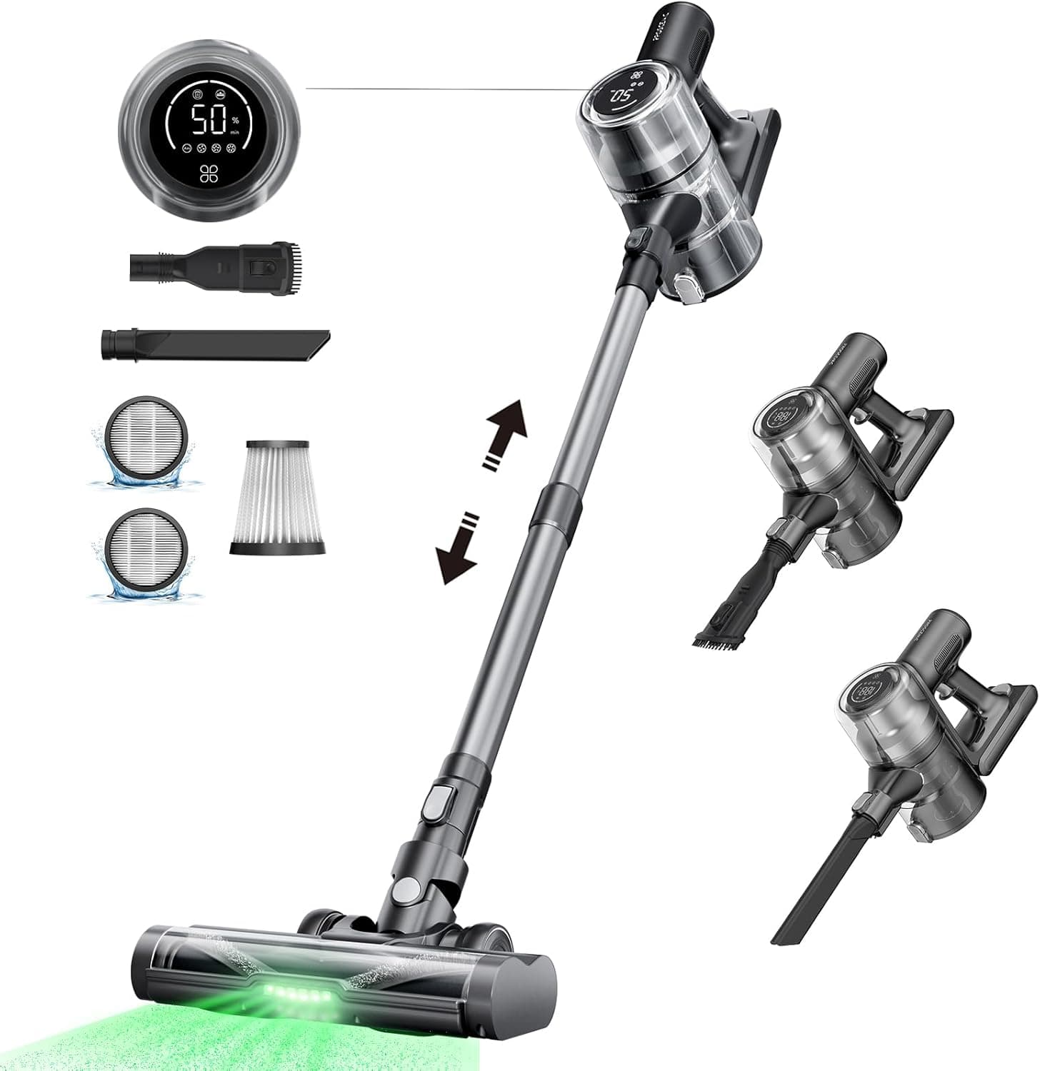 Proscenic Aspirador sem cabo, P13 45KPa/550W/45 Mins aspirador de luz verde, ecrã tátil e escova anti-emaranhados, 1,2 l aspirador vertical para chão, tapete, pelo de animal de estimação, sofá
