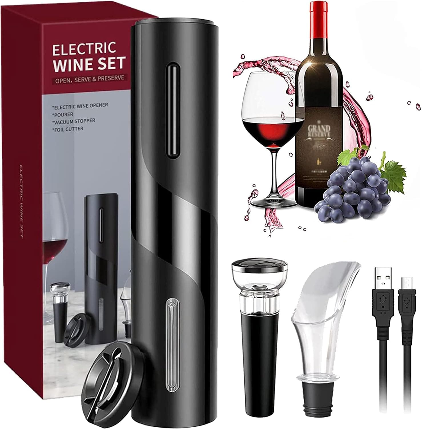 Saca-rolhas elétrico, USB recarregável abridor de vinho automático profissional 5 em 1 com garrafa de corta-cápsulas, caixa de vinho, tampa de vinho a vácuo