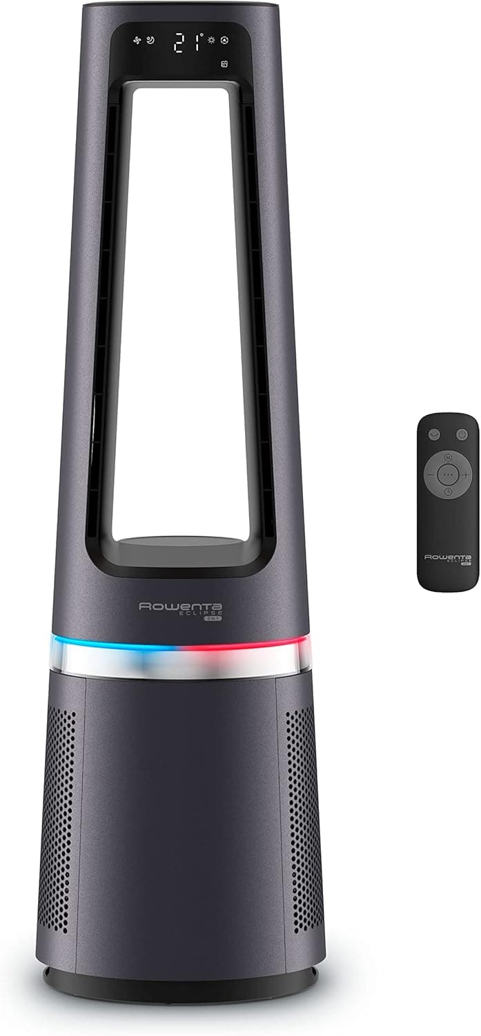 Rowenta Eclipse 3 em 1 QU5062 Ventoinha, purificador e aquecedor de 2100 W, filtra até 99,95% partículas, silencioso, oscilação, luz decorativa, ignição programável, prata