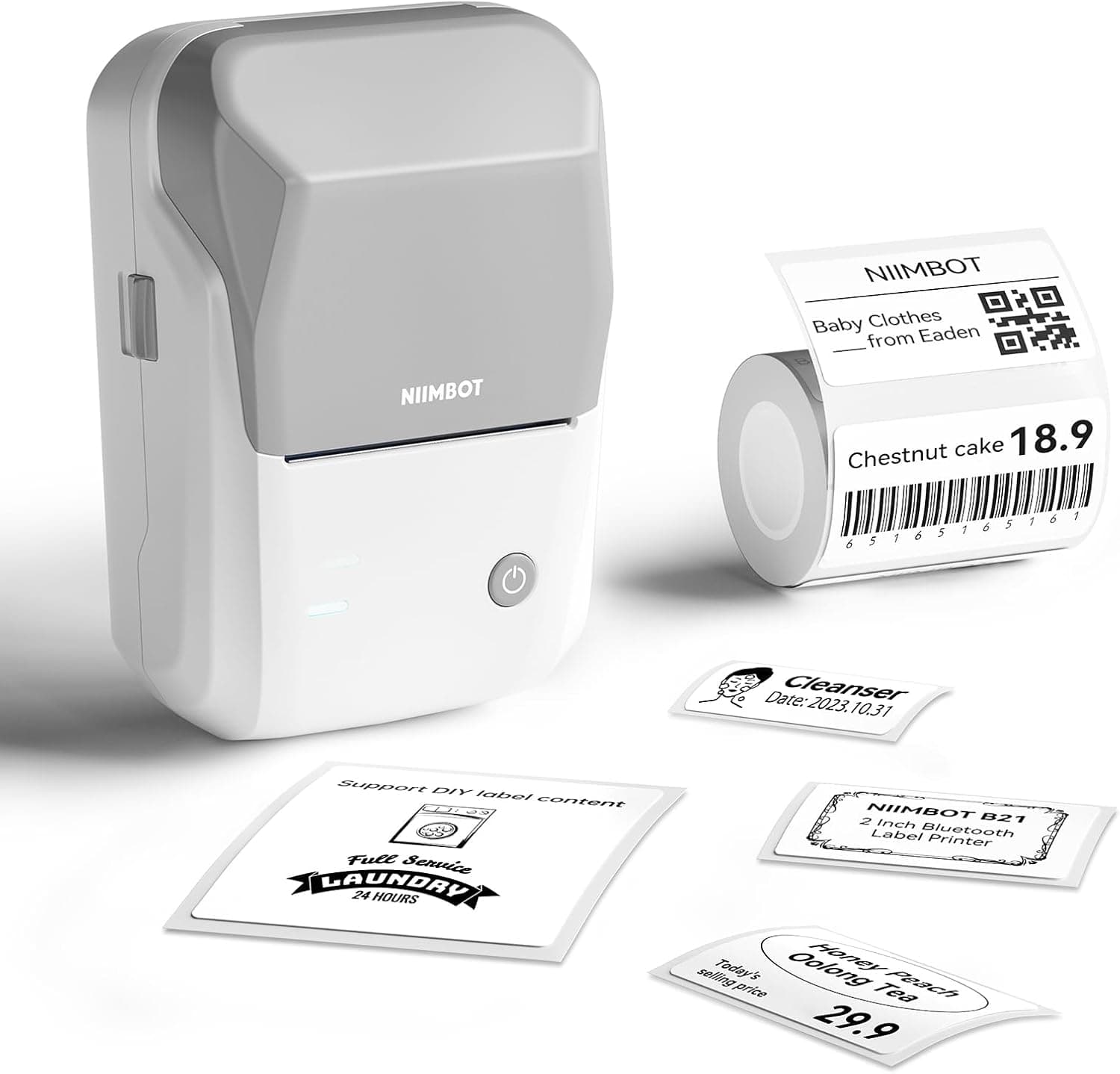NIIMBOT B1 Etiquetadora com 1 rolo de papel de etiquetas, impressora de etiquetas Bluetooth, 20 - 50 mm de largura de impressão, compatível com iOS e Android, cinzento