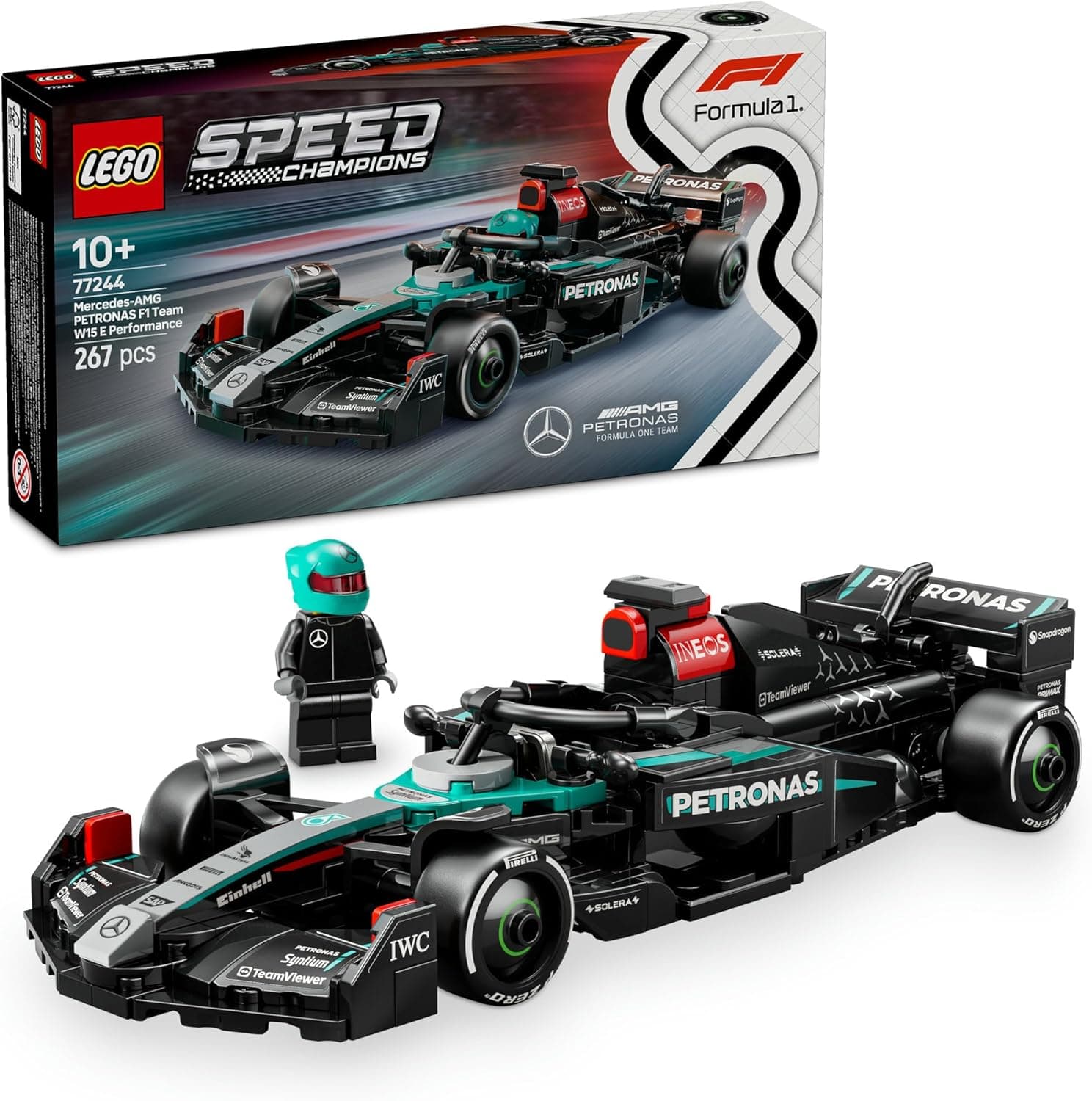 LEGO Speed Champions Carro de corrida Mercedes-AMG F1 W15 de brinquedo, casaco de construção de veículo de fórmula 1 e minifigura de piloto colecionável, presente para crianças de 10 anos ou mais