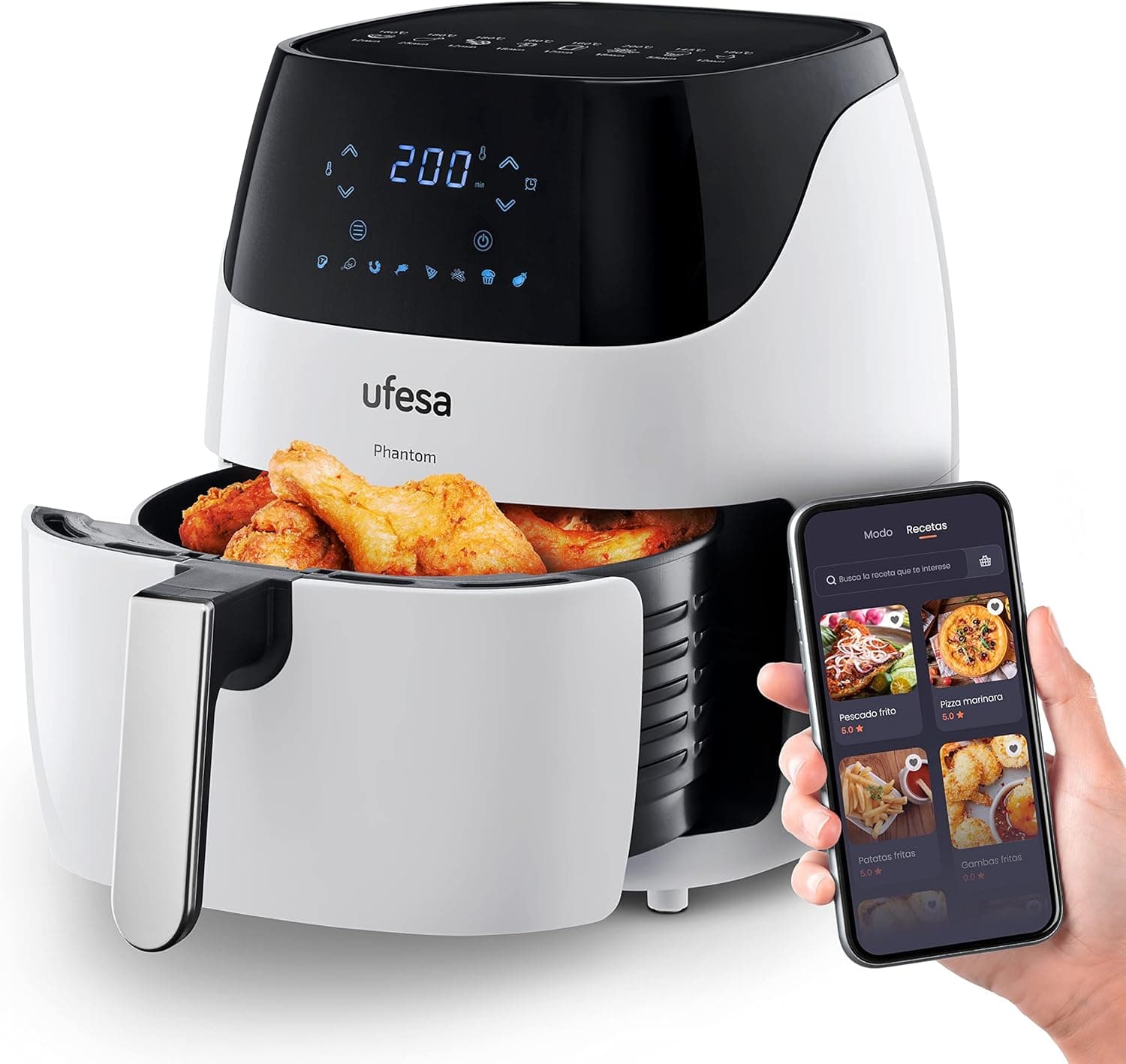 Ufesa AF5100 White Phantom Fritadeira de ar sem óleo com WIFI, 5 L, controlo táctil digital, 8 programas, 1500 W, APP com receitário, temperatura e tempo regulável, balde e bandeja antiraderentes