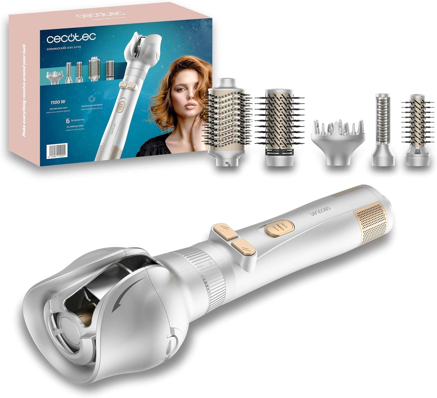 Cecotec Escova de ar 6 em 1, Ceramiccare 6 em 1, cinza, potência de 1100 W, 6 cabeças, ondulação automática, cabo 360º, cerâmica, design multifuncional, penteados rápidos, sem frizz, estilo