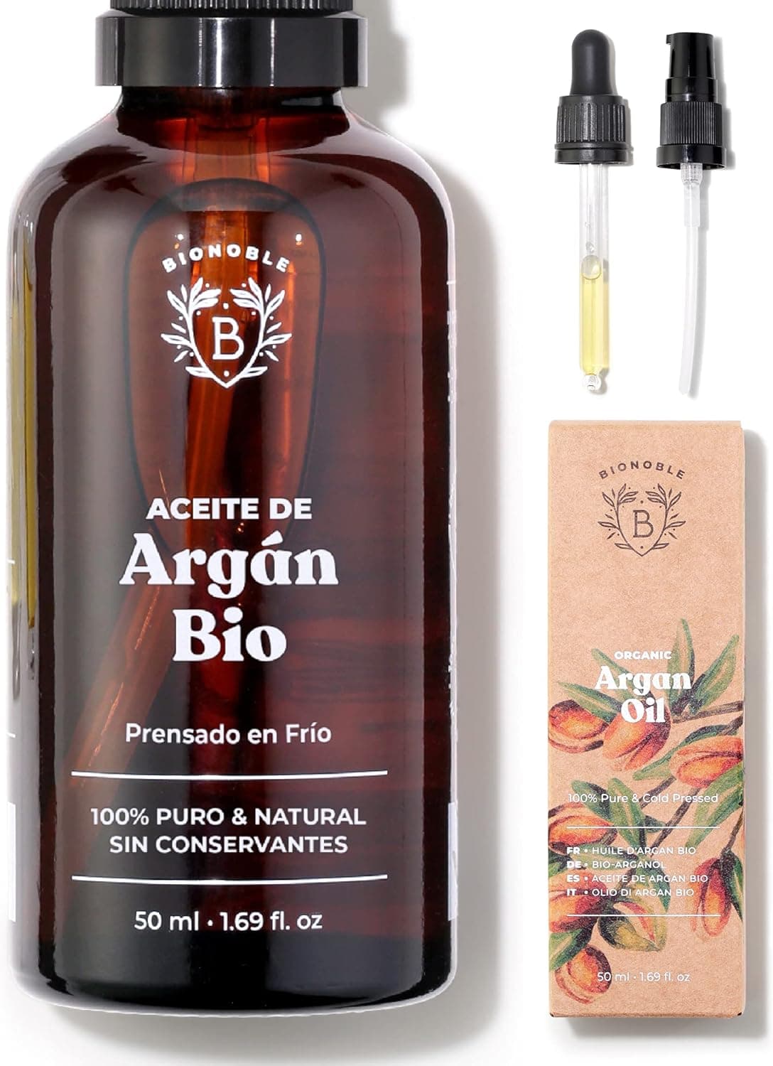 Bionoble Óleo de argão orgânico 50 ml - 100% puro, natural e prensado a frio - rosto, corpo, cabelo, barba, unhas - vegano e Cruelty Free - garrafa de vidro pipeta 