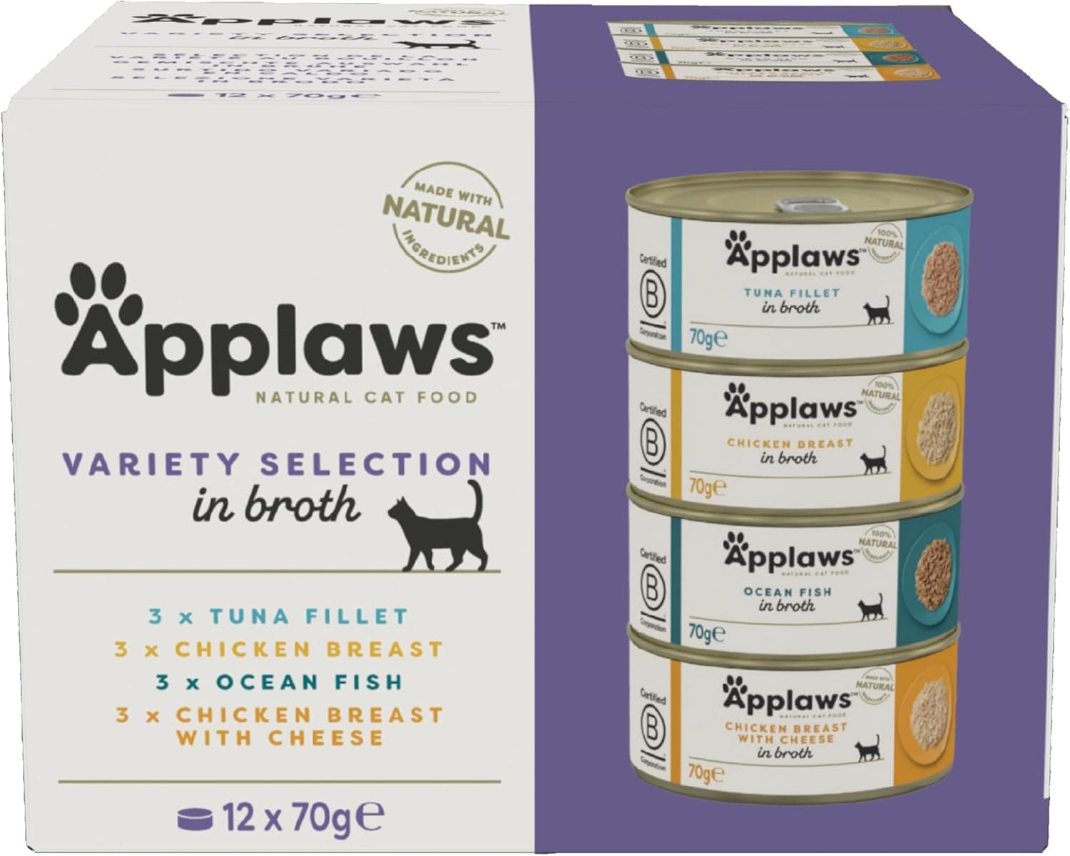Applaws 100% comida húmida natural para gatos adultos em caldo - seleção mista de atum galinha e peixe do oceano em caldo - embalagem de 12 latas de 70 g