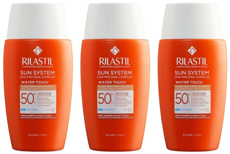 Rilastil Sun System Fotoprotetor Water Touch SPF50 com cor, protetor solar facial leve de base aquática, resistente à água, com ácido hialurónico e vitamina E, 50 ml