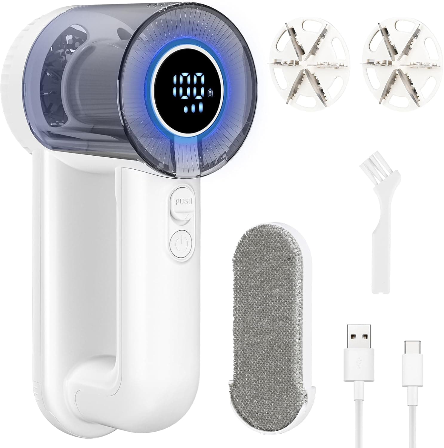 Dreamhigh® Removedor de borbotos elétrico, 2 em 1 removedor de pelos de cabelo, recarregável remove as bolas da roupa com ecrãs LED, cabeça de 3 velocidades e 6 lâminas (branco)