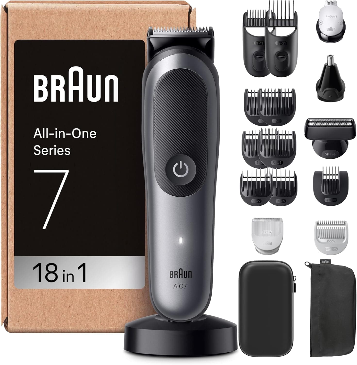 Braun Aparador tudo em um série 7 AIO7585, kit de styling 18 em 1 para barba, cabelo, orelhas, nariz e corpo, 120 min de automonomia, corta-pelos homem com lâmina ultra afiada, cinzento