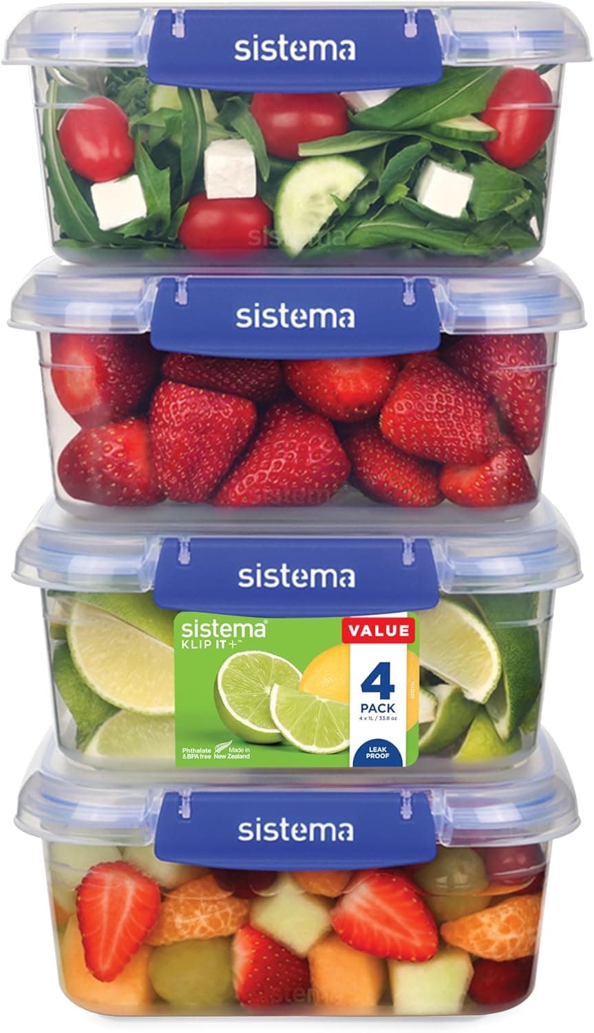 Recipientes para guardar alimentos KLIP IT PLUS de sistema, 1 l, conjunto de 4 recipientes herméticos, vedação hermética, clipes de fecho fácil, sem BPA