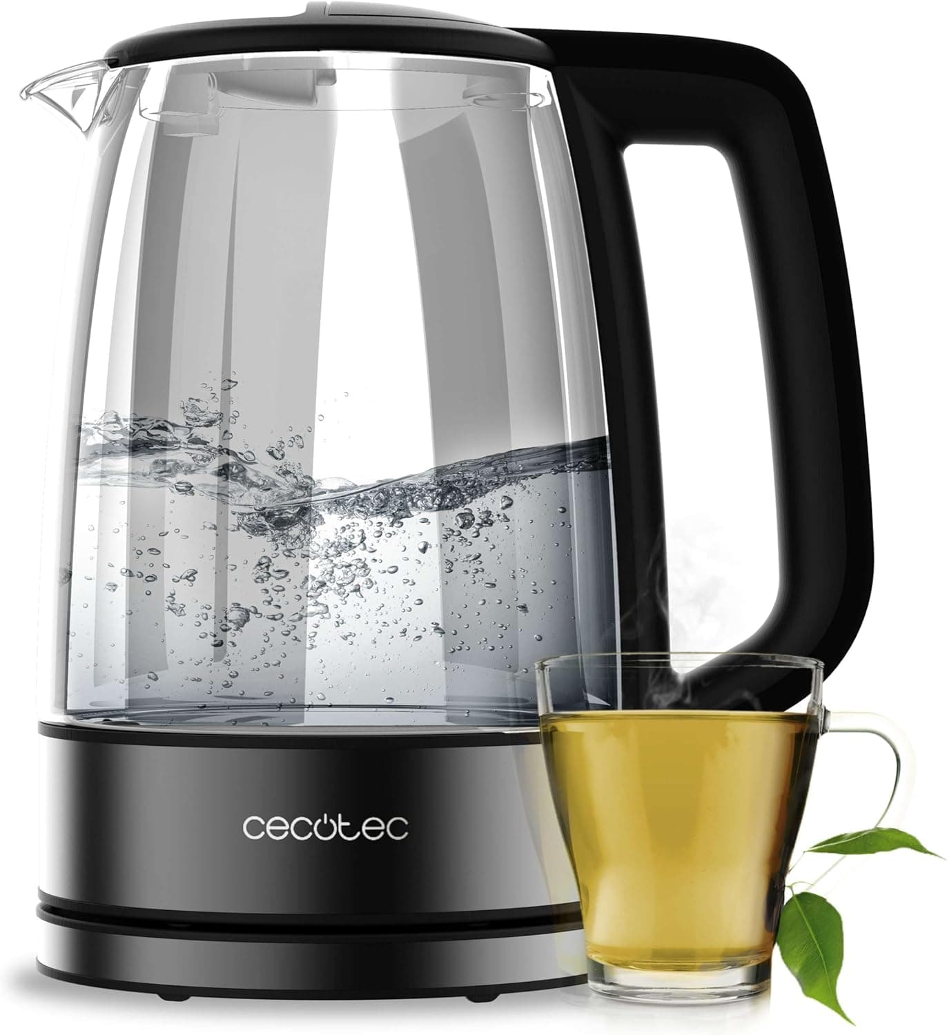 Cecotec Chaleira elétrica de água ThermoSense 340 Clear de 1,7 l. 2200 W, corpo de vidro de borosilicato, indicador luminoso, base com rotação de 360 º, sistema de segurança