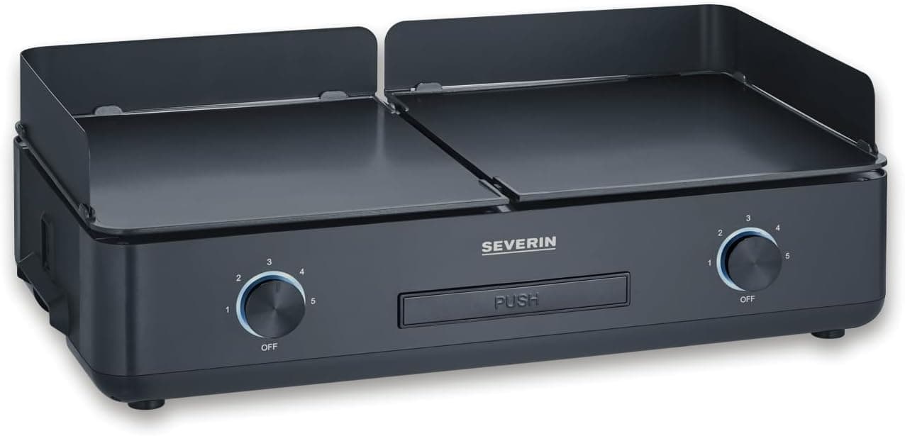 Severin Ferro grelhado, grelhador de mesa com 2 placas de grill e revestimento cerâmico liso (sem PFAS), superfície grill 1,300 cm, até 240 °C, 2,200 W de potência, preto, PG 8569