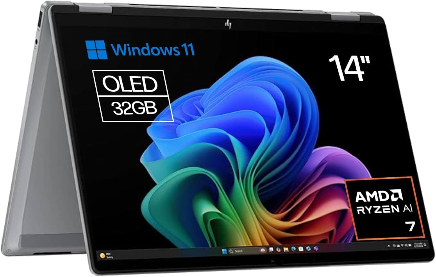 HP Omnibook X Flip Computador portátil conversível de 14" 3K OLED tátil Ryzen AI 7 350, 32 GB RAM, 1TB SSD, AMD Radeon 860M Graphics, Windows 11 Home Silver - teclado QWERTY espanhol