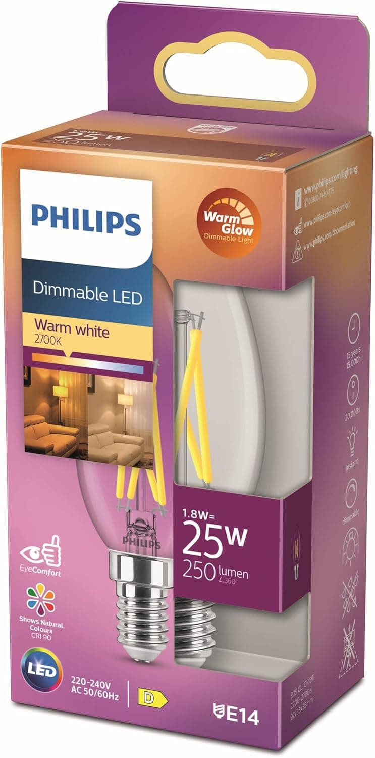 Philips LED Lâmpada LED clássica vela e brilho, B35 E14, luz branca quente regulável, 25 W