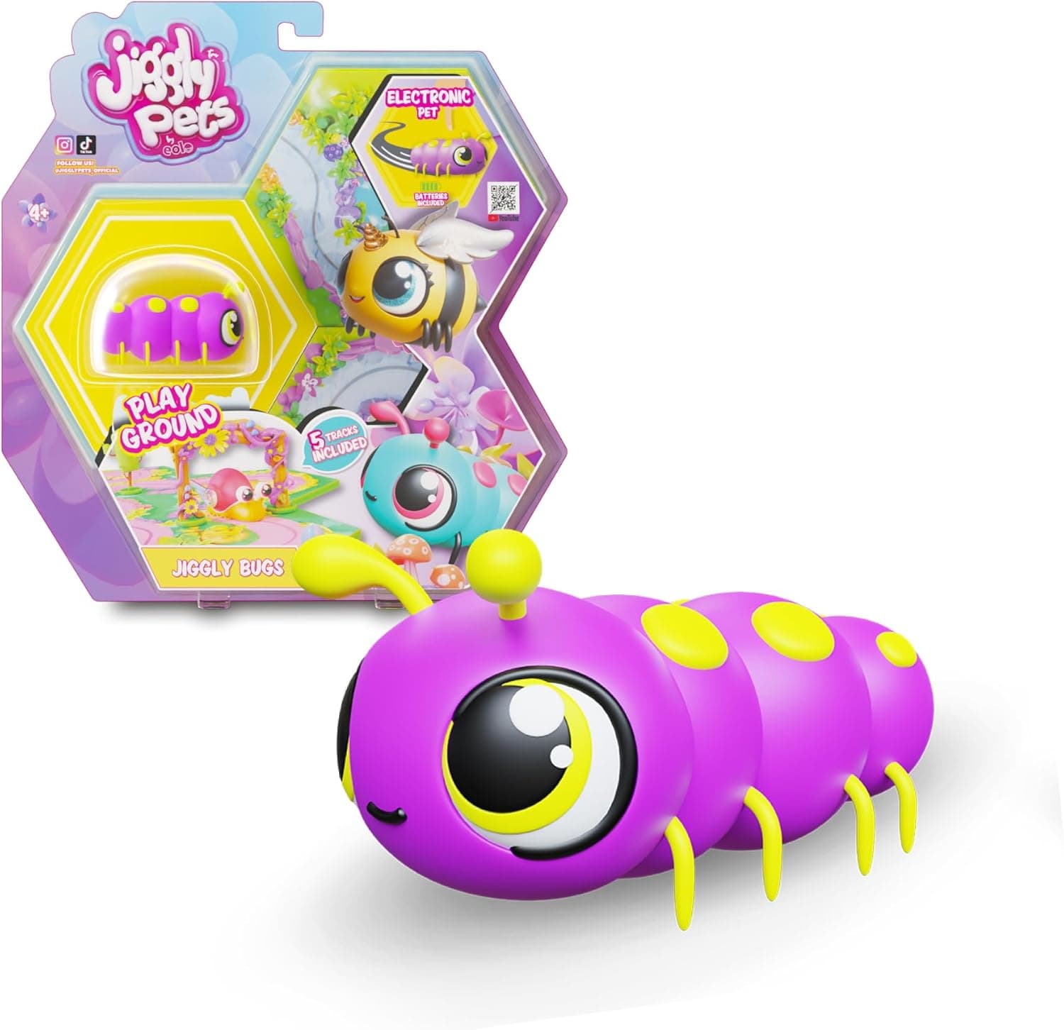 Jiggly Pets - Jiggly Bug Oruga, bichito super macio, brinquedo com botão na cabeça que ativa uma roda para correr pelo chão ou pista, puzzle de pista incluído, crianças de 4 anos, famosa (JGM01200)