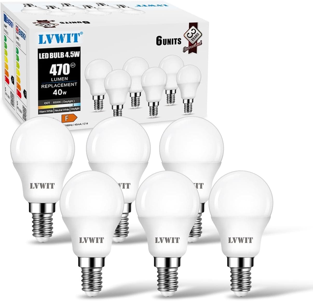 LVWIT Lâmpadas LED P45 E14 (casquilho fino) - 4,5 W equivalente a 40 W, 470 lúmens, cor branca fria 6500 K, não regulável - conjunto de 6 unidades