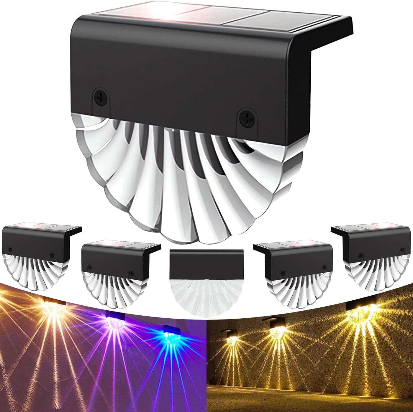 Anmossi Luz solar exterior jardim, 6 pacotes apliques solares exteriores, impermeável luz solar perto, luzes solares LED exterior jardim para cerca alpendre parede, pátio, 2 modos branco quente / cor