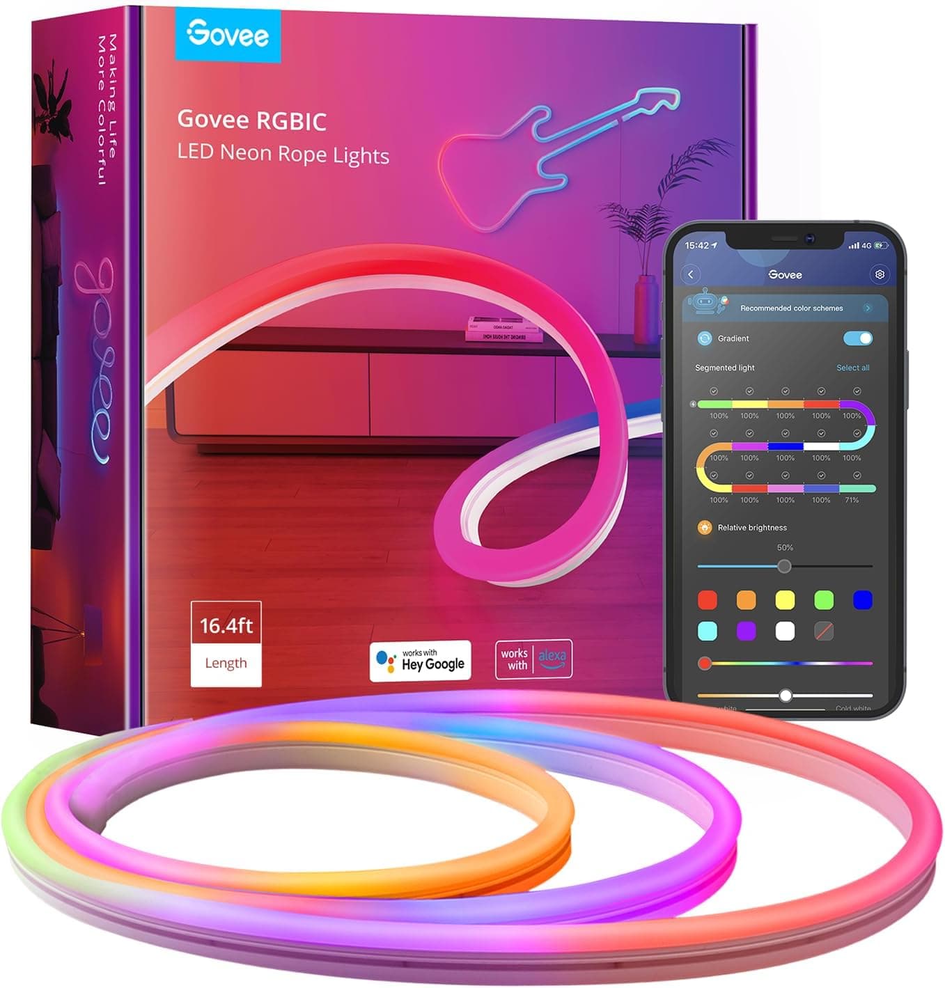 Govee Neon Rope 5M Tira LED de néon de silicone, 16 milhões de cores RGBIC para quarto de jogos, TV e quarto funciona com Alexa e Google Assistant