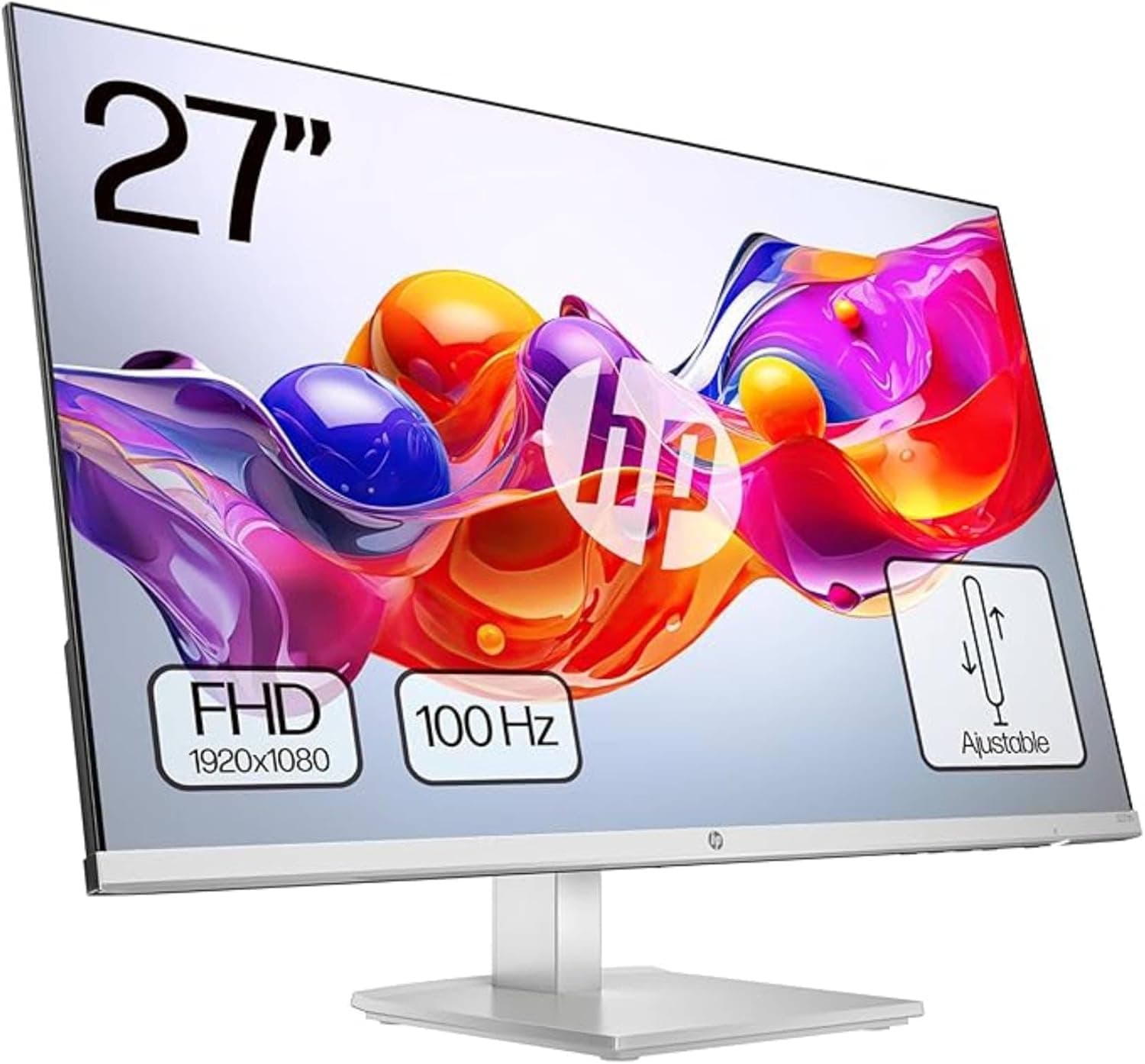 HP 527sh- Monitor FHD de 27" (1920x1080, IPS, 100 Hz, 5 ms, 99% sRGB, 300 Nits, contraste 1500:1, altura ajustável), preto com suporte prateado