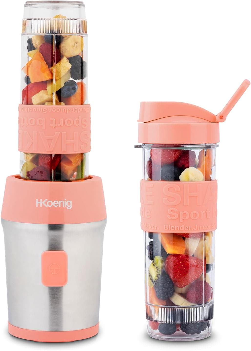 H.Koenig Mini batedeira Smoothie maker compacto 570 ml SMOO10 sem BPA potente 300 W, liquidificador Smoothie 2 garrafas portáteis, 4 lâminas de aço inoxidável, fúcsia
