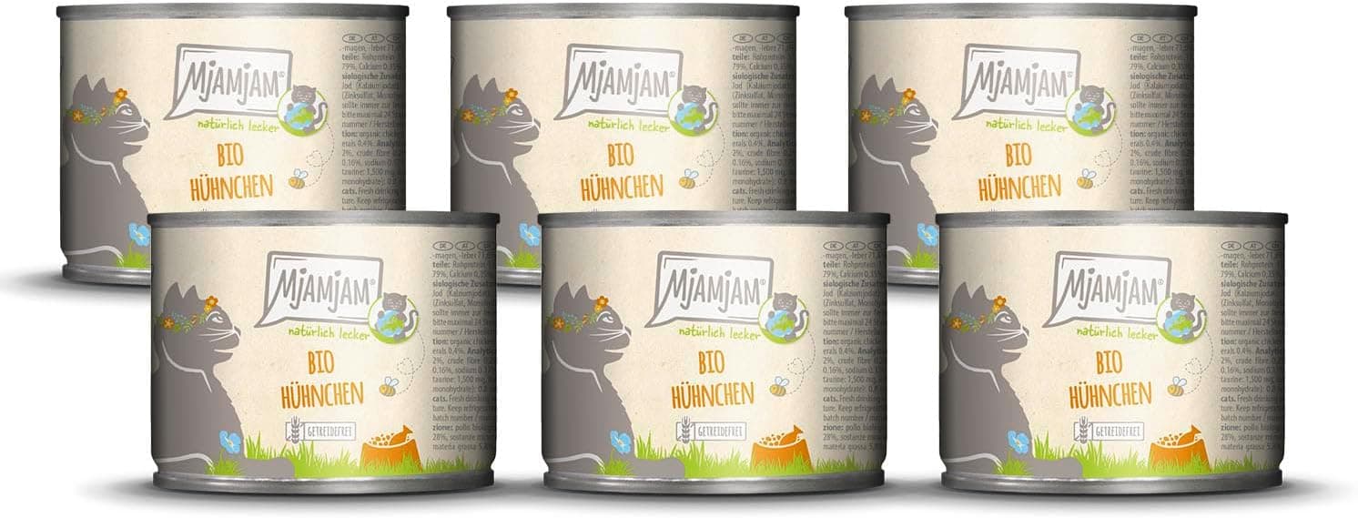 MjAMjAM - Comida húmida premium para gatos - naturalmente deliciosa - Bio frango, embalagem de 6 (6 x 200 g), sem cereais com extra de carne