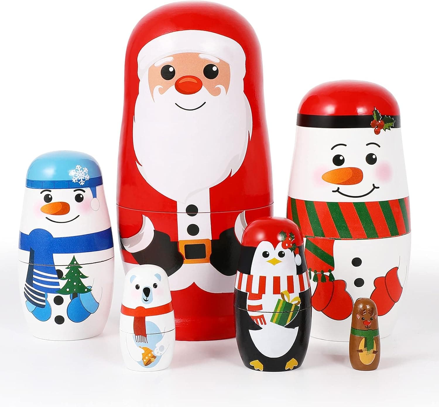 EXCEART Boneca de Natal de madeira empilhável de Natal russa Matryoshka boneca de Natal de madeira nidada com Pai Natal alce boneco de neve urso polar pinguim para crianças aniversário