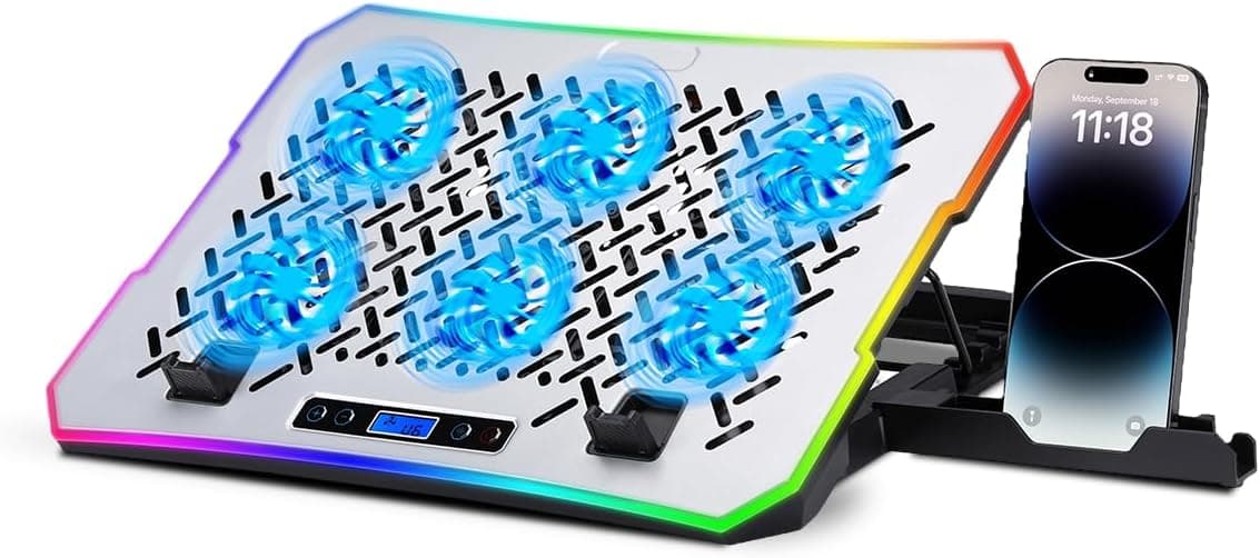 NK Base de refrigeração portátil Gaming de 17" - 10 modos luzes LED RGB, 6 ventiladores silenciosos com velocidades ajustáveis, 4 altura ajustáveis, porta USB, Phone Holder, refrigeração rápida