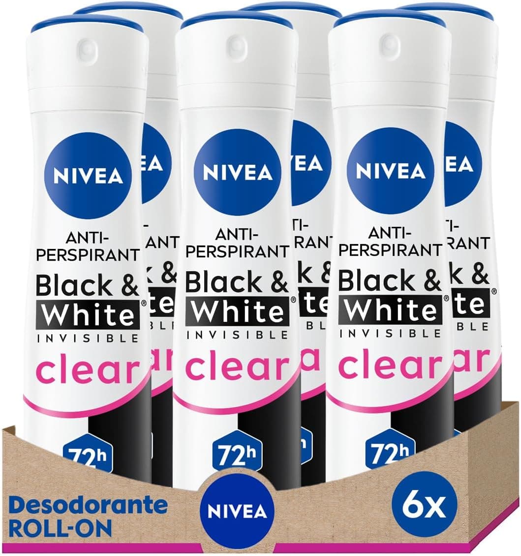 NIVEA Black & White Invisible Original Spray en pack de 6 (6 x 200 ml), desodorante antimanchas de cuidado femenino, para proteger la piel y la ropa