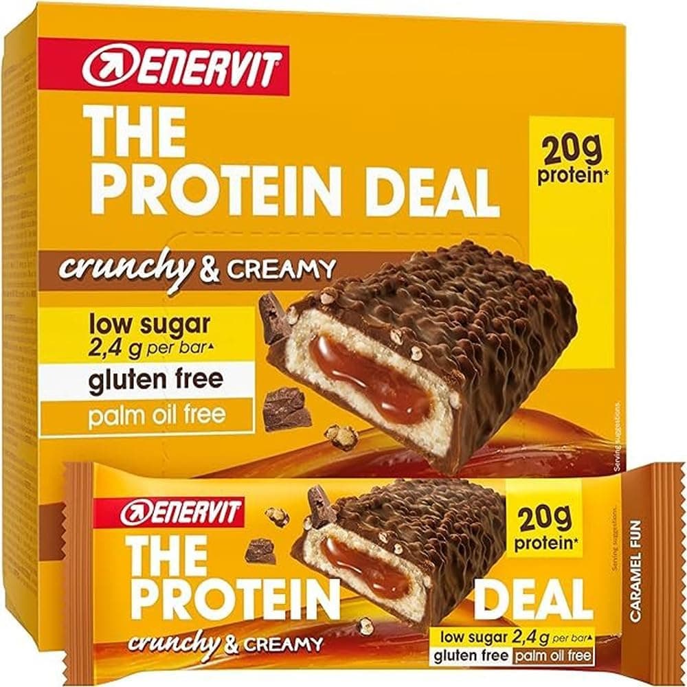 Enervit, Protein Bar, Caramel Fun 55 g, com 20 g de proteínas, baixo em açúcar (2,4 g), sem glúten, sabor caramelo