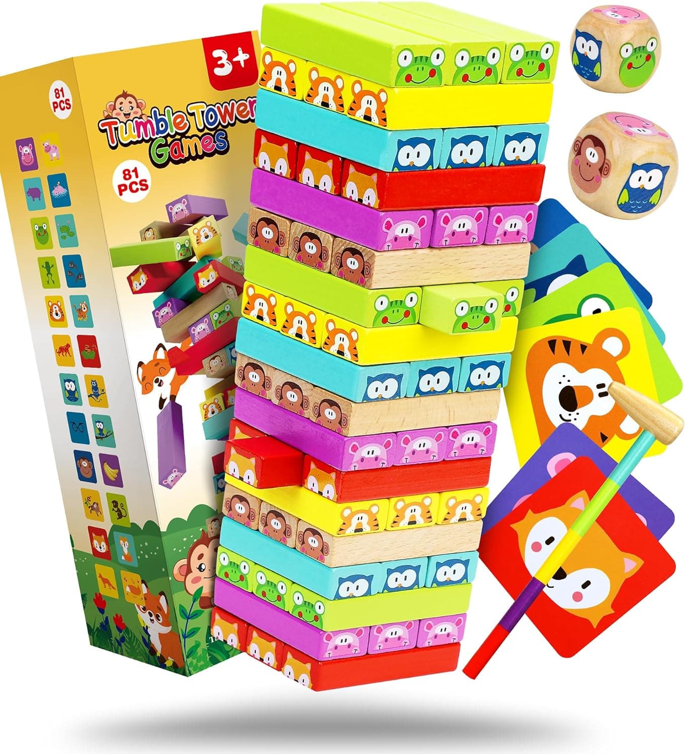 COOJOMMY Torre de blocos de madeira brinquedos crianças 3 anos | jogos educativos empilháveis para meninos meninas dos 3 aos 7 anos | jogos de mesa adultos para festa de aniversário Natal