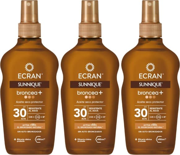 Ecran Sunnique - Óleo protetor solar bronze FPS 30, proteção média UVB e UVA, ativa o bronzeamento natural, sem autobronzeador, com tecnologia PureBronze, resistente à água - 200 ml